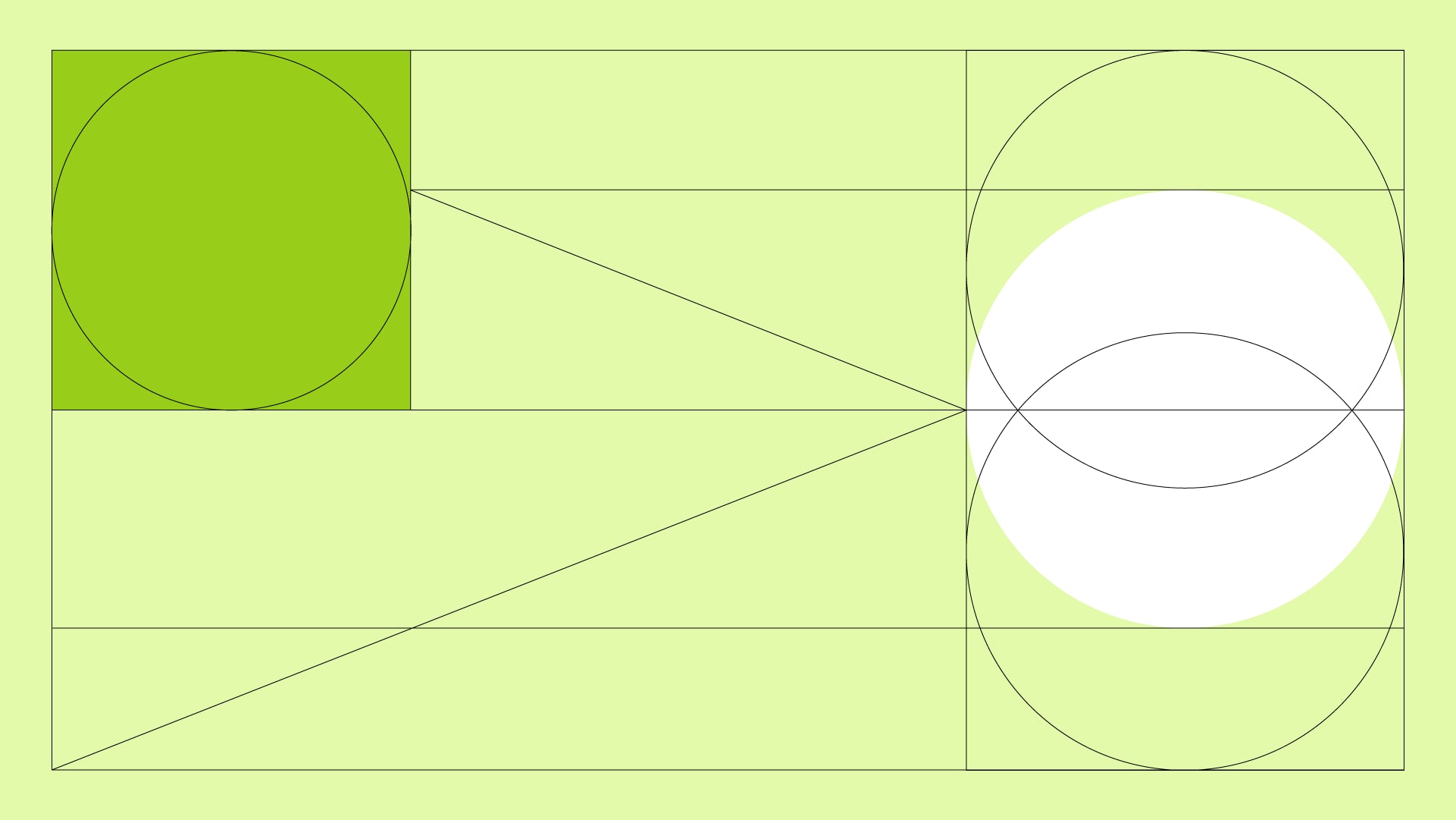 A light green rectangle divided into smaller rectangles and squares by thin lines, featuring overlapping circles in green and white on the left and right sides.
