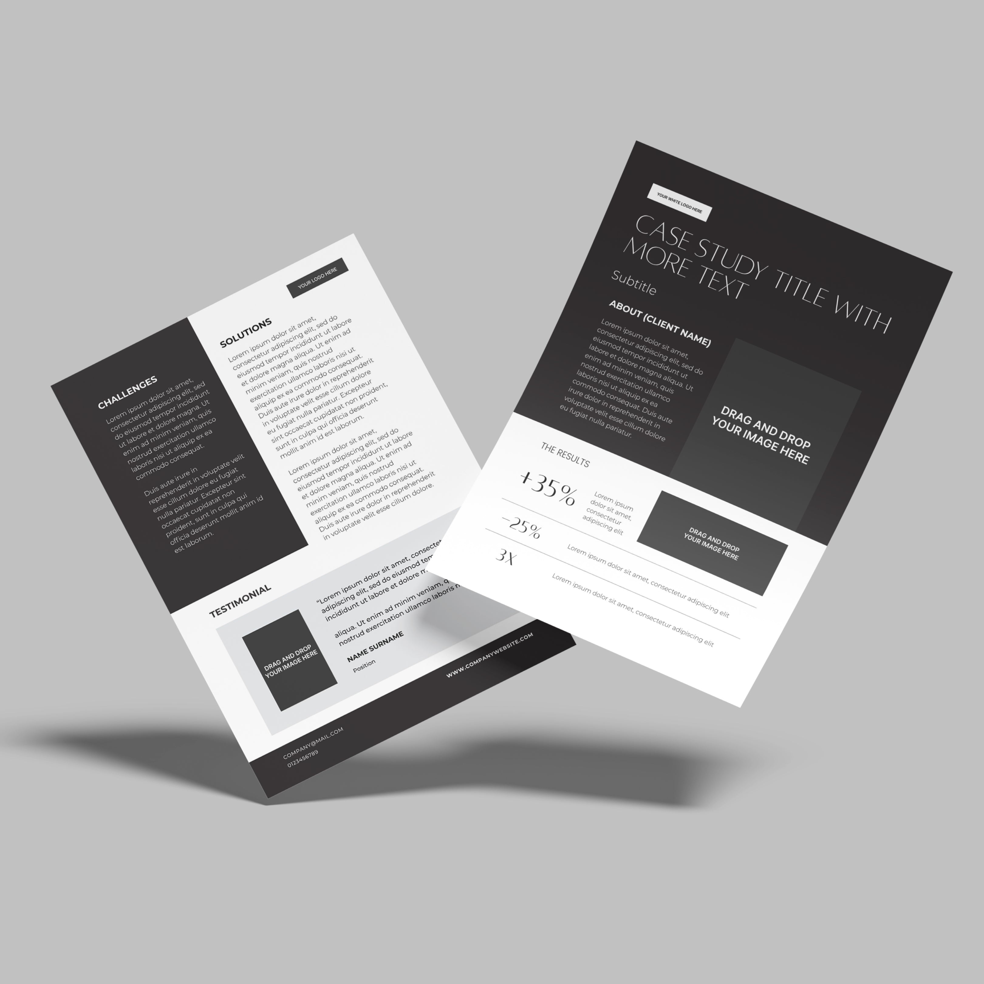 The Case Study Template for Canva – Forma 60 Collection includes two monochrome, double-sided flyer templates with sections for challenges, solutions, testimonials, results, and an image area—shown on a light gray Canva background.