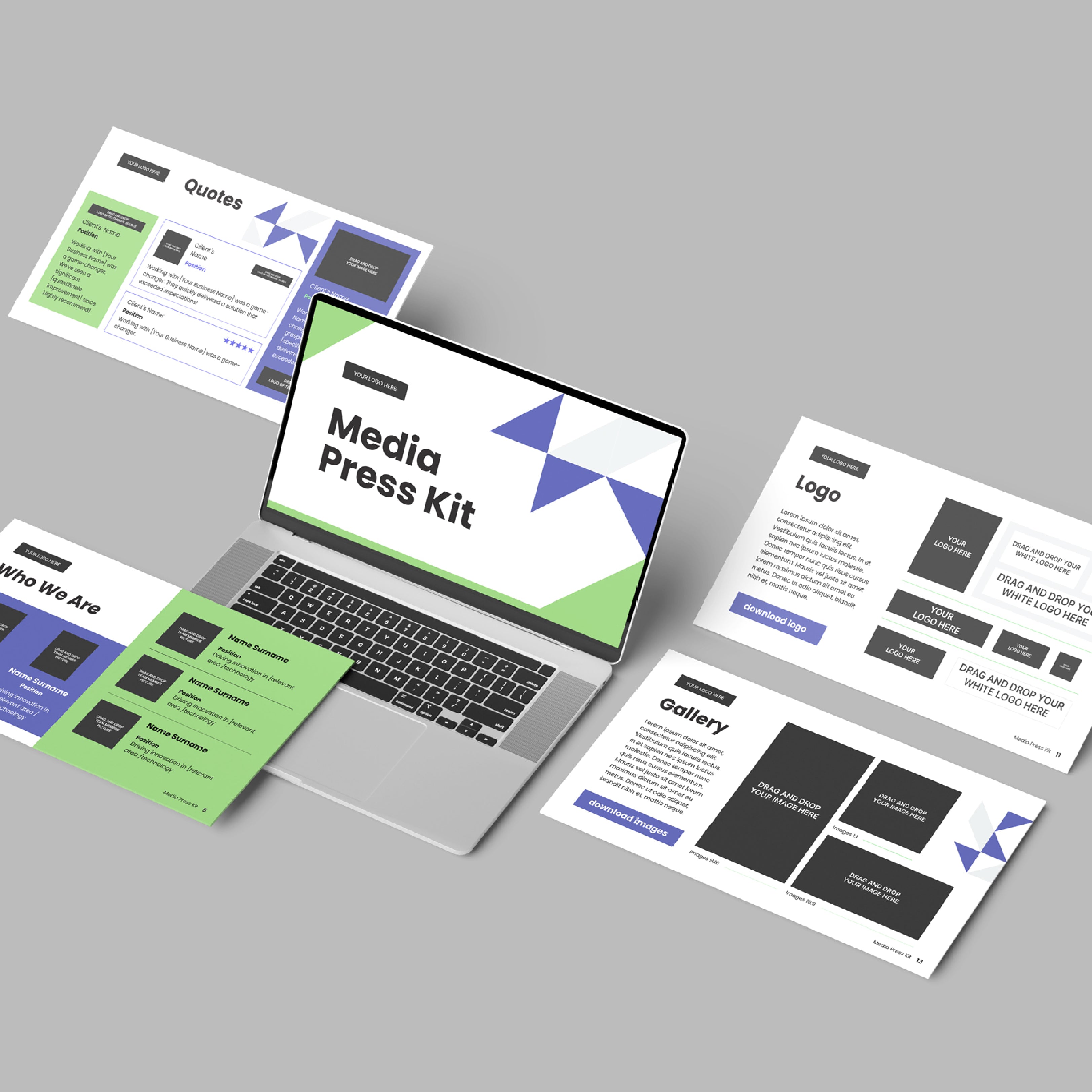 A laptop shows a “Media Press Kit” slide, surrounded by four printed slides—Quotes, Who We Are, Logo, and Gallery—in a modern geometric style. The stylish Forma 40 Collection Media Press Kit Template for Canva is displayed on a gray background.