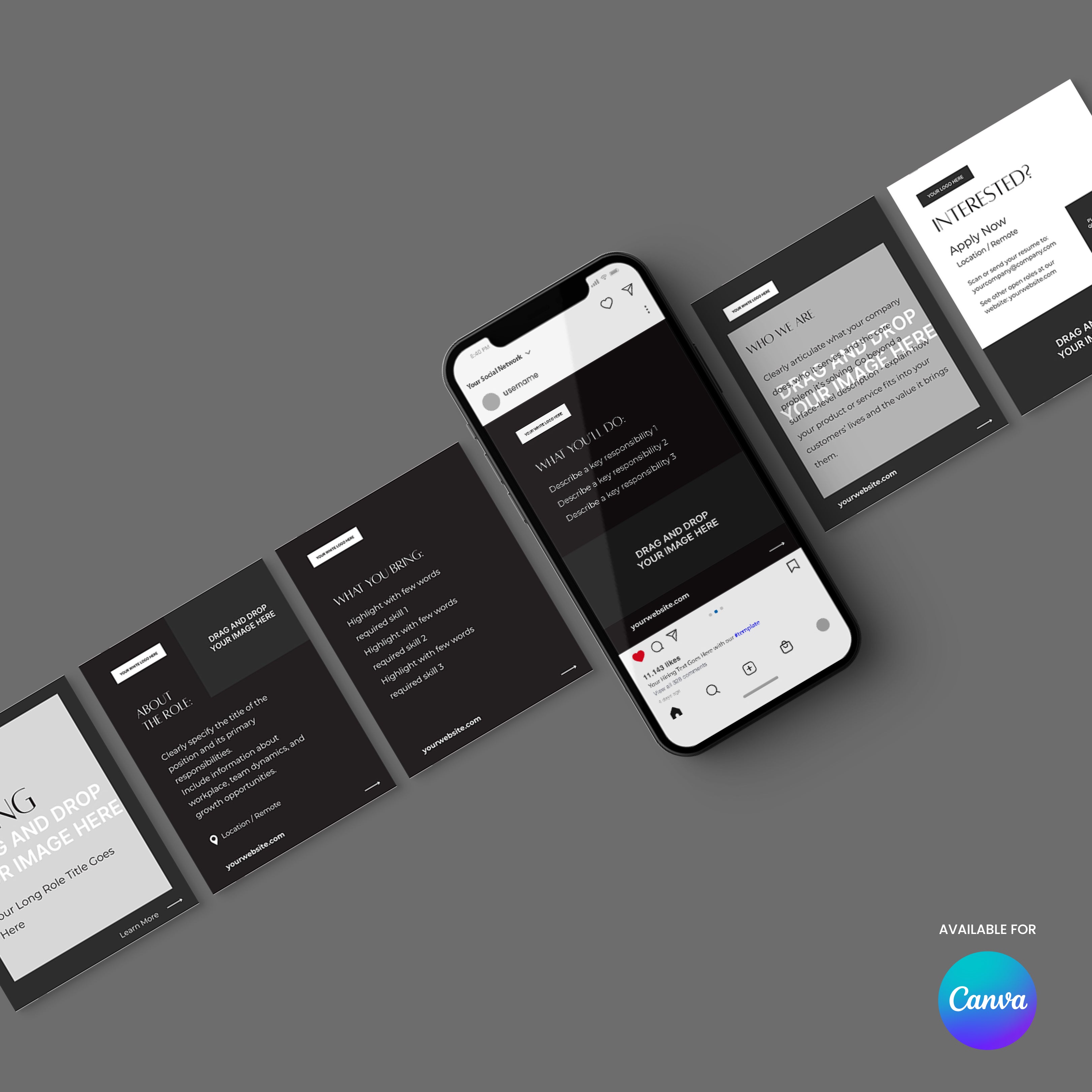 A smartphone shows a social media app, surrounded by six black and white Forma 60 Collection templates for Canva on a gray background. The Canva logo in the corner highlights these Social Media Hiring Carousel Templates.