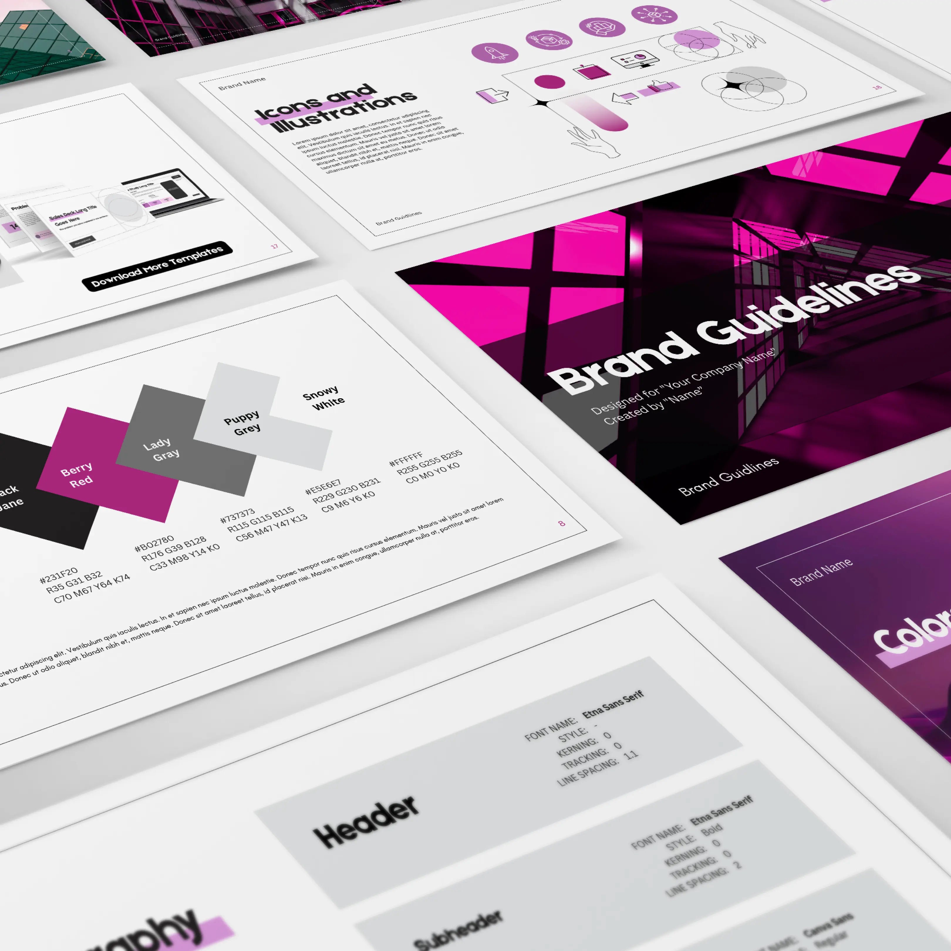 The Modern Brand Identity Template | Canva Brand Guidelines Layout is an editable set featuring color palettes, typography samples, icons, illustrations, and a cover page with geometric magenta and black shapes on a white surface.