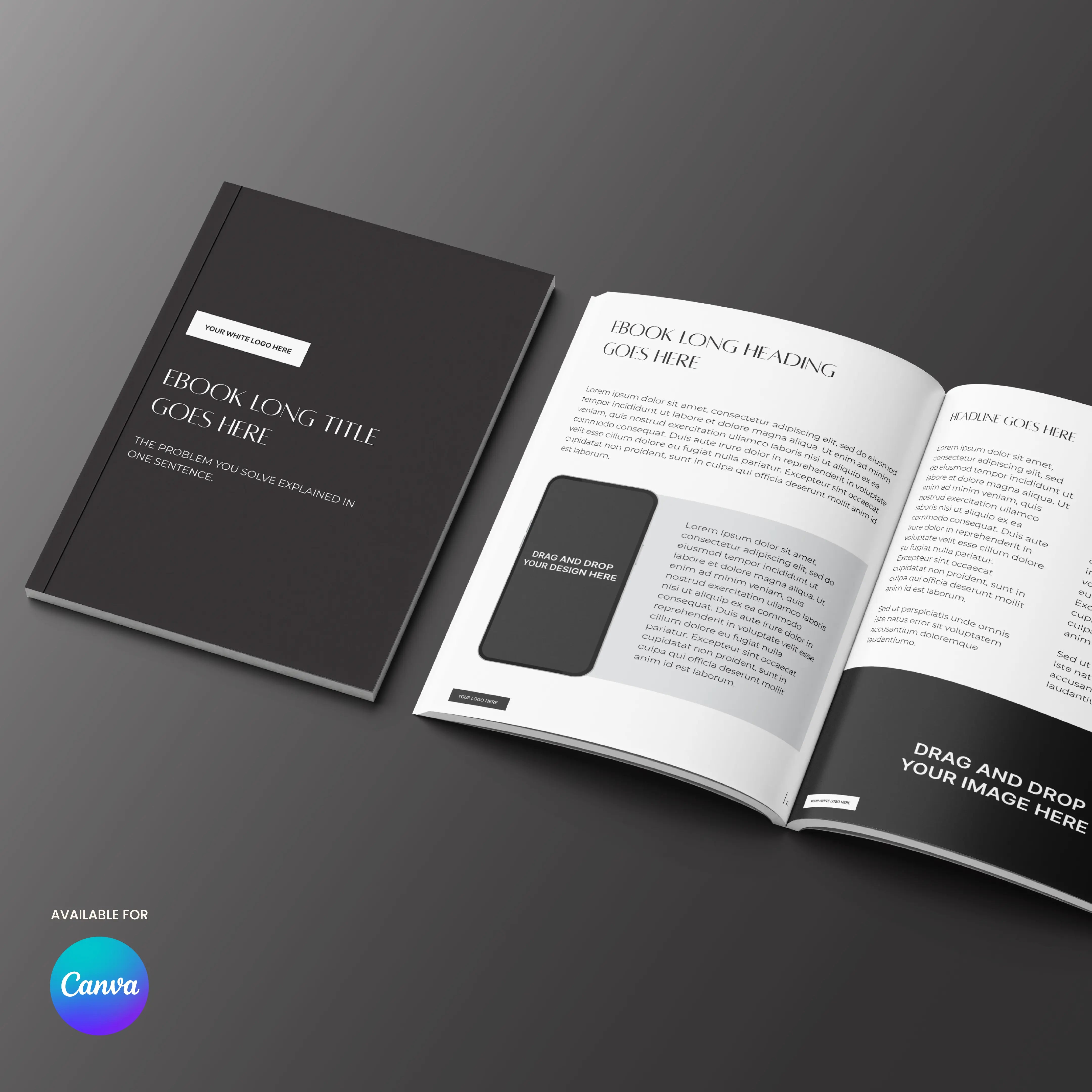 The eBook Template for Canva – Monochrome Edition | Forma 60 Collection shows an open and closed hardcover on a gray surface. The cover displays a sample long title, with text and image placeholders inside, plus a Canva logo at the bottom left.