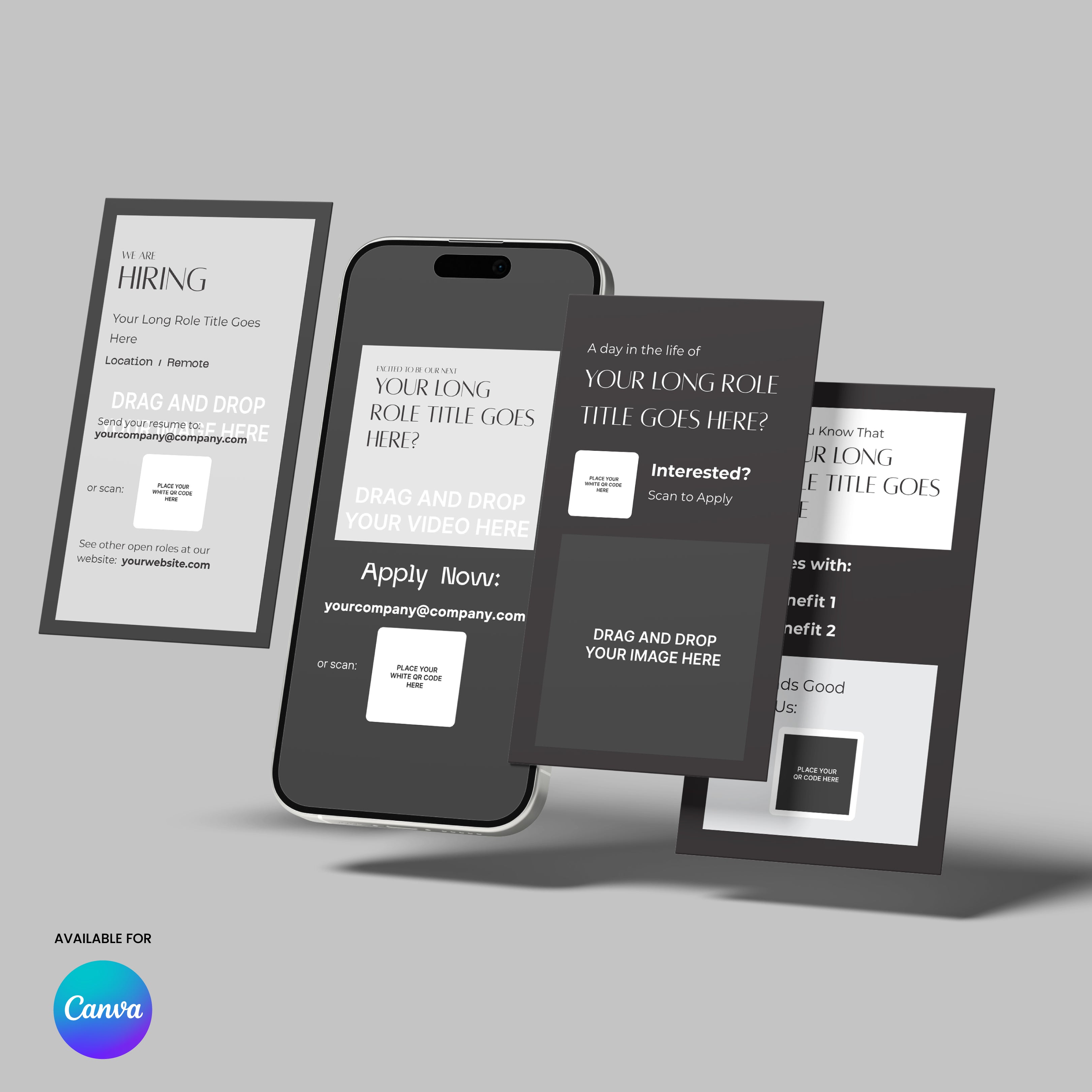 A mockup showcases four "Social Media Hiring Story Templates for Canva – Forma 60 Collection," including one on a smartphone, each with placeholders for job title, benefits, and contact info on a gray background. Canva logo appears at the bottom left.