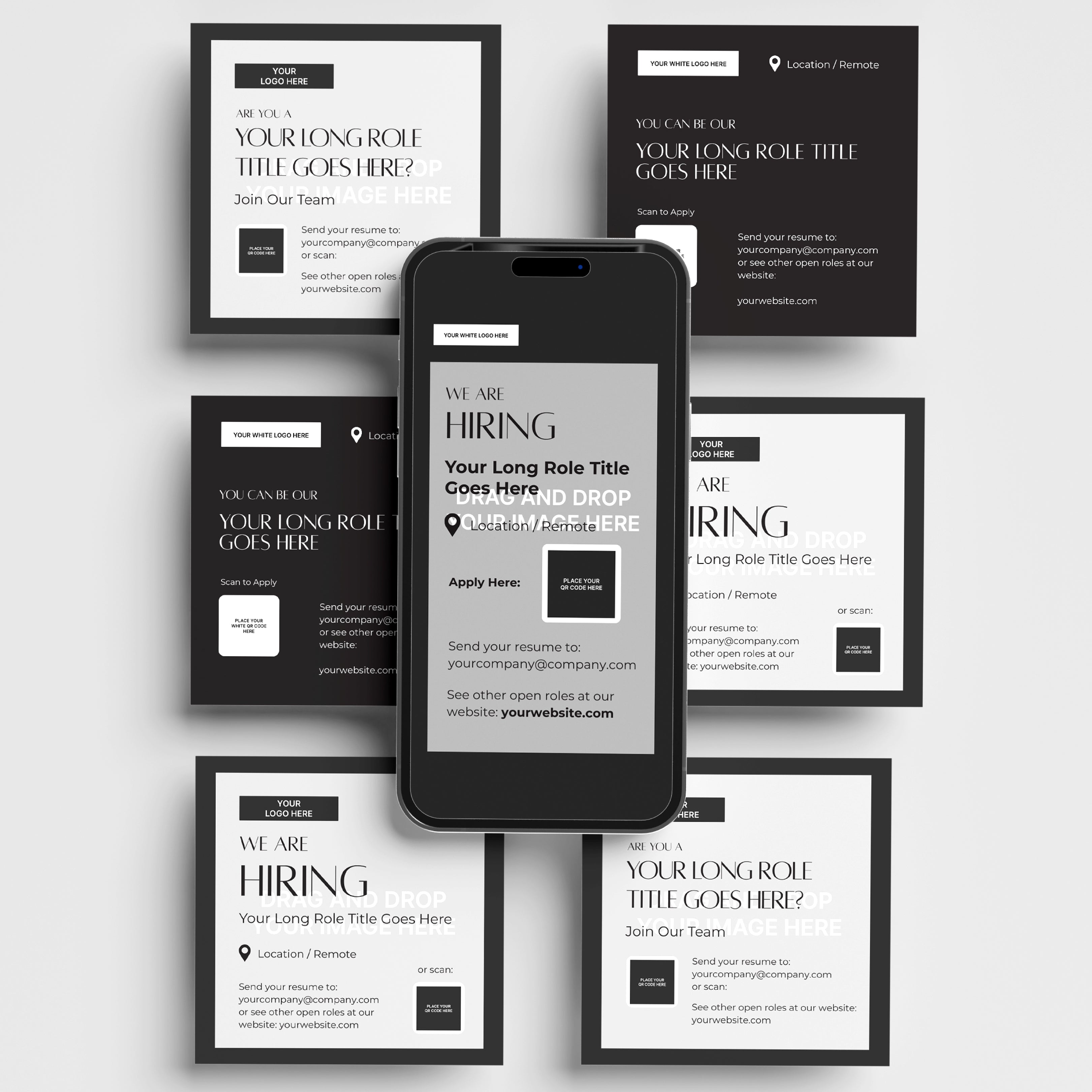 A smartphone showing a job ad rests on six Recruitment Posts, all in sleek black-and-white designs inspired by the Social Media Hiring Ad Templates for Canva – Forma 60 Collection, inviting applicants to apply.