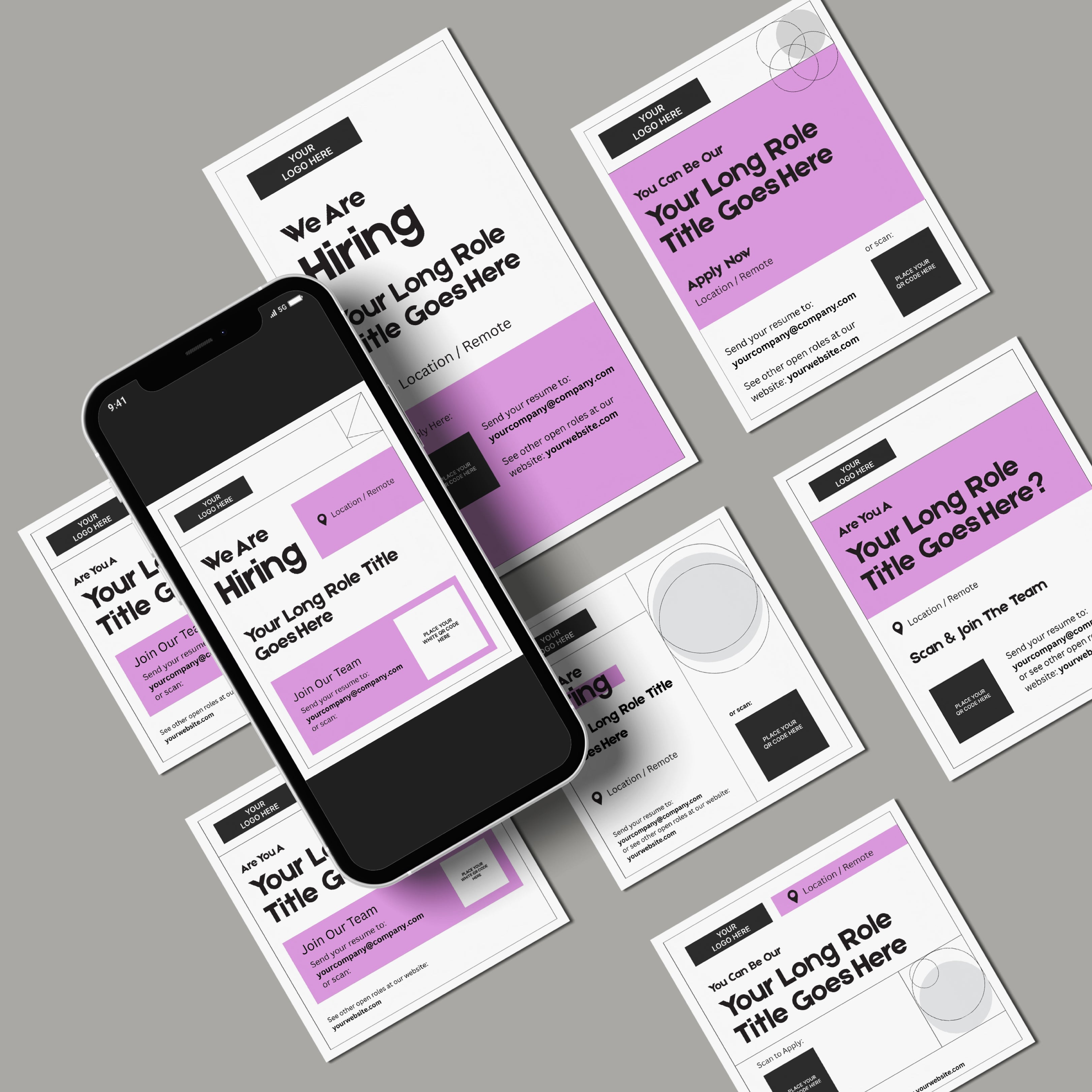 A flat lay of several pink Social Media Hiring Ad Templates for Canva – Forma 20 Collection Pink Edition flyers and an iPhone displaying the same flyer, all on a light grey background—ideal for your next recruitment campaign.