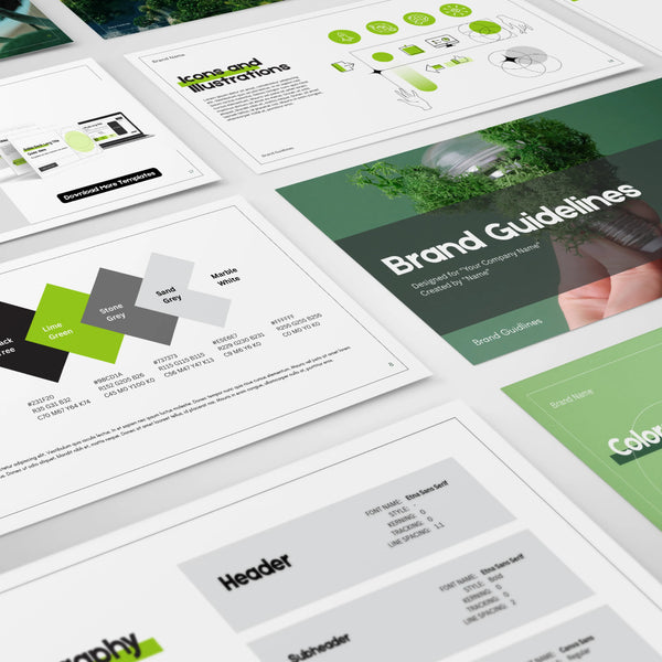 Showcasing the Brand Guidelines Template | Canva Editable, Green Minimal Style Forma 20, this set features color palettes, typography, icons, illustrations, and branding rules for a cohesive visual identity with green and grayscale accents.