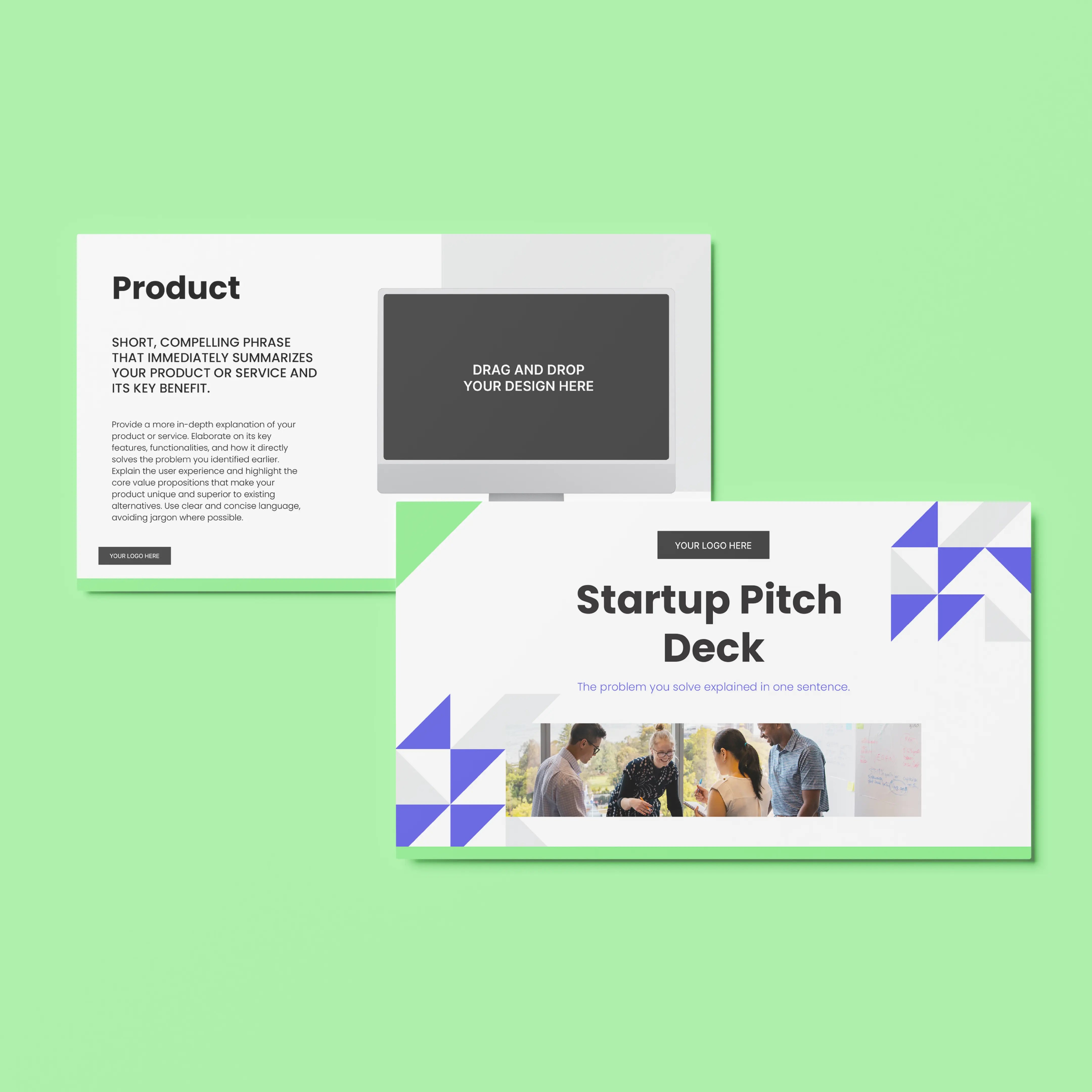 Two slides from the Startup Pitch Deck Template – Forma 40 Edition | Clean, Editable Canva Presentation are displayed on a light green background with geometric blue designs, sample text, and team visuals—perfect for funding presentations.