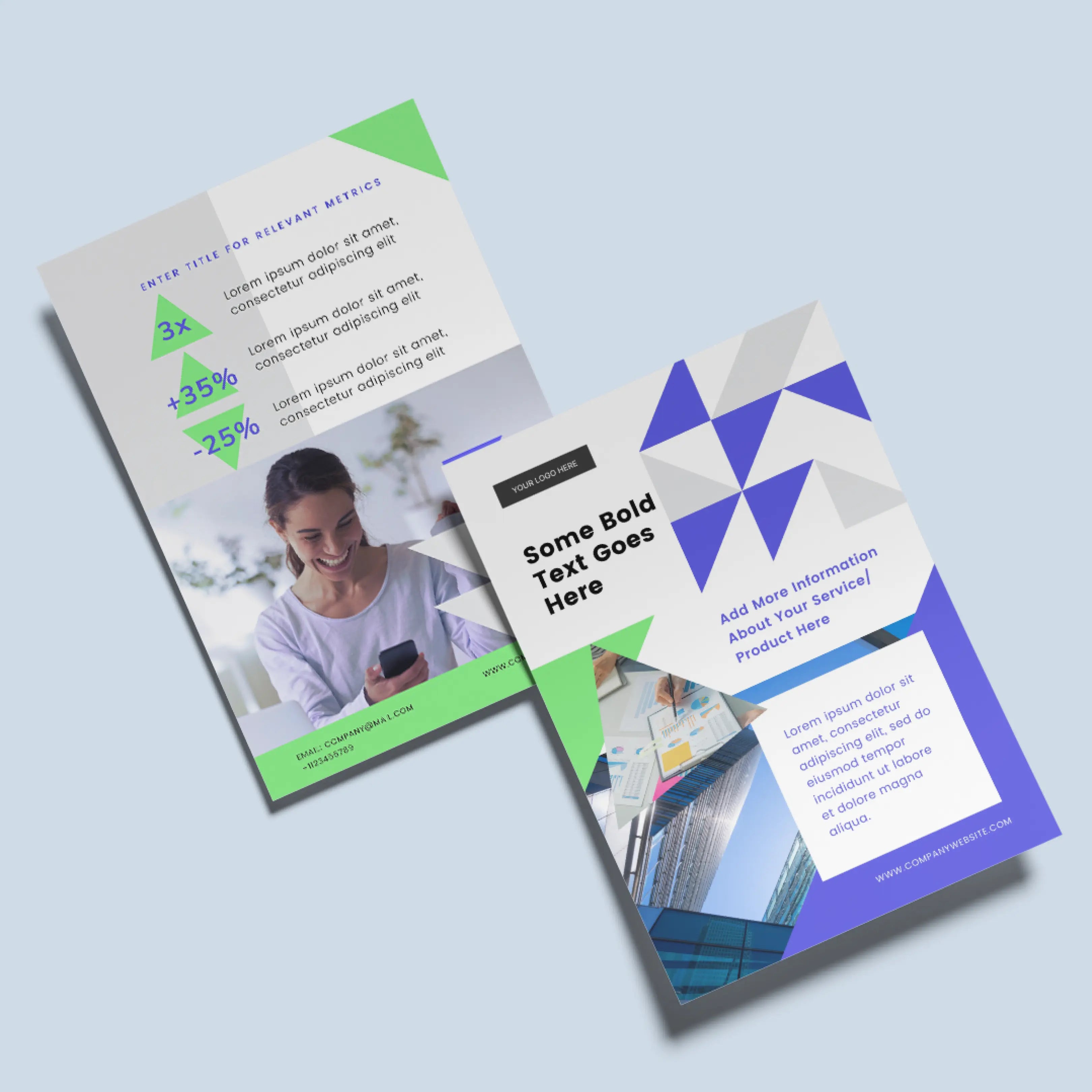 Displayed side by side, the Forma 40 Canva flyer templates showcase editable geometric layouts for business services and marketing offers—one features a businesswoman with data points; the other highlights key services with abstract shapes.