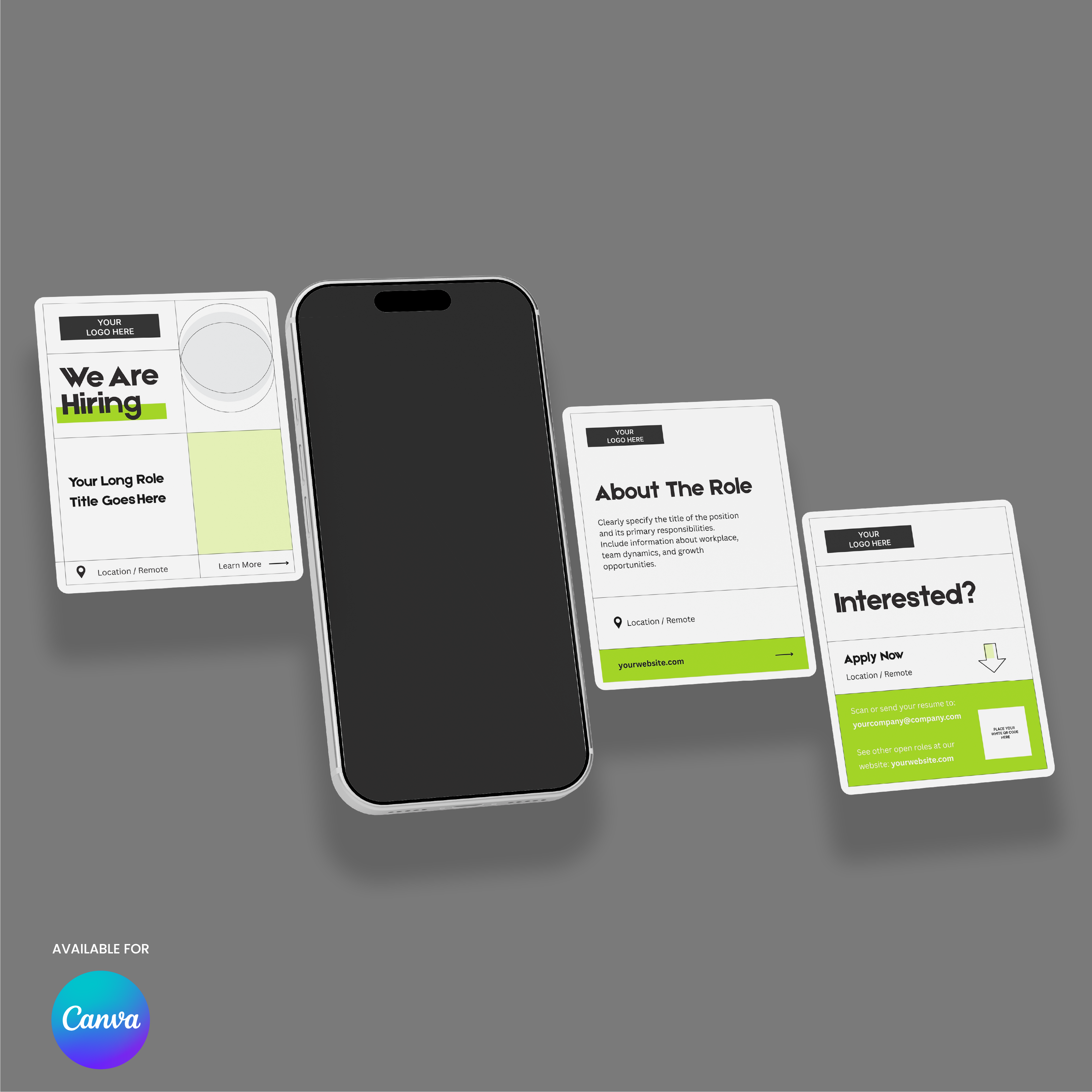 The Hiring Social Media Carousel Template for Canva - Forma 40 Collection shows a smartphone framed by three job ad cards “We Are Hiring,” “About The Role,” “Interested?” with location icons, plus a template label and "Available for Canva" at the bottom left.