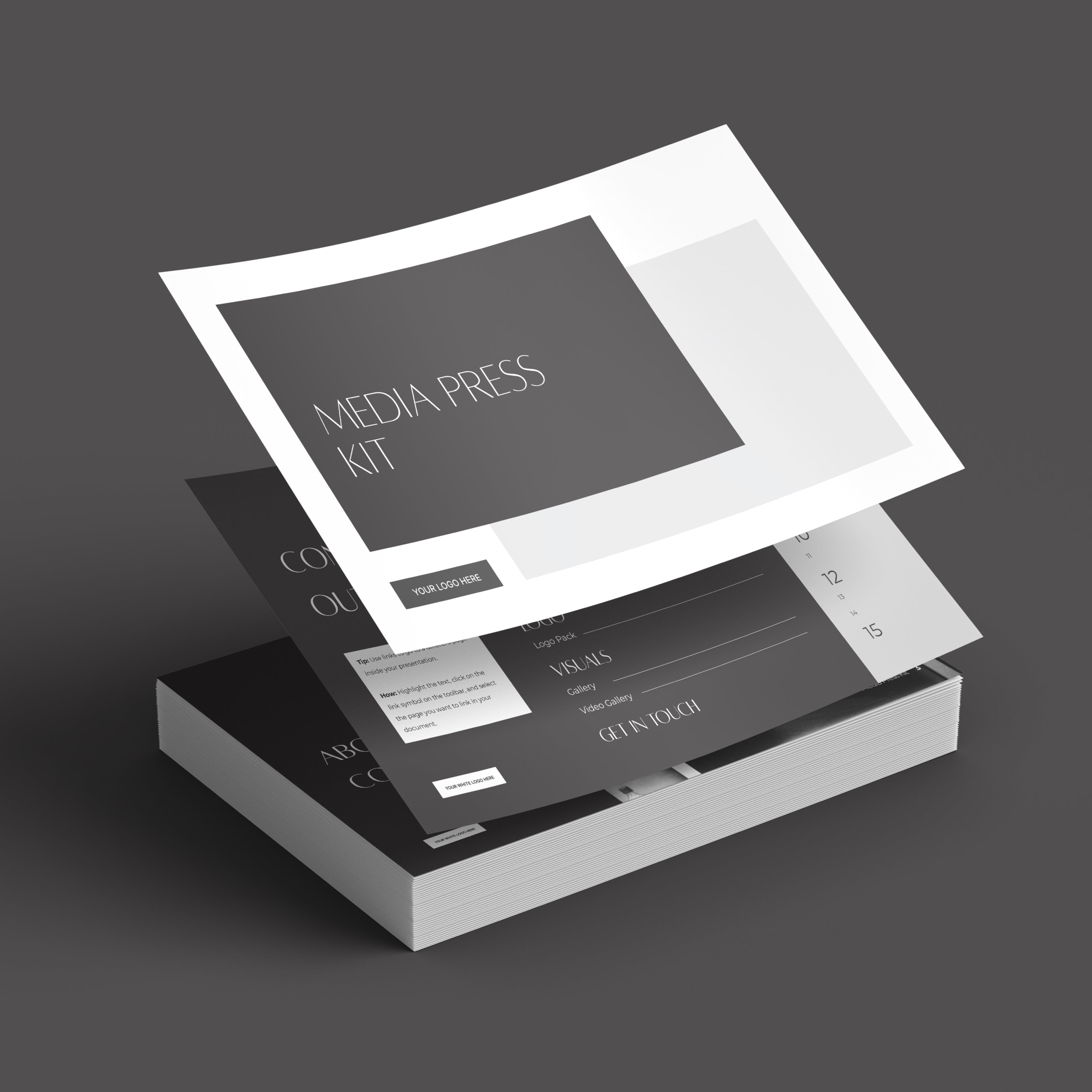 A stack of printed documents made with the Media Press Kit Template for Canva – Forma 60 Collection lies on a dark surface, featuring fanned-out sheets labeled Media Press Kit, Contact, Visuals, and Client Facts.