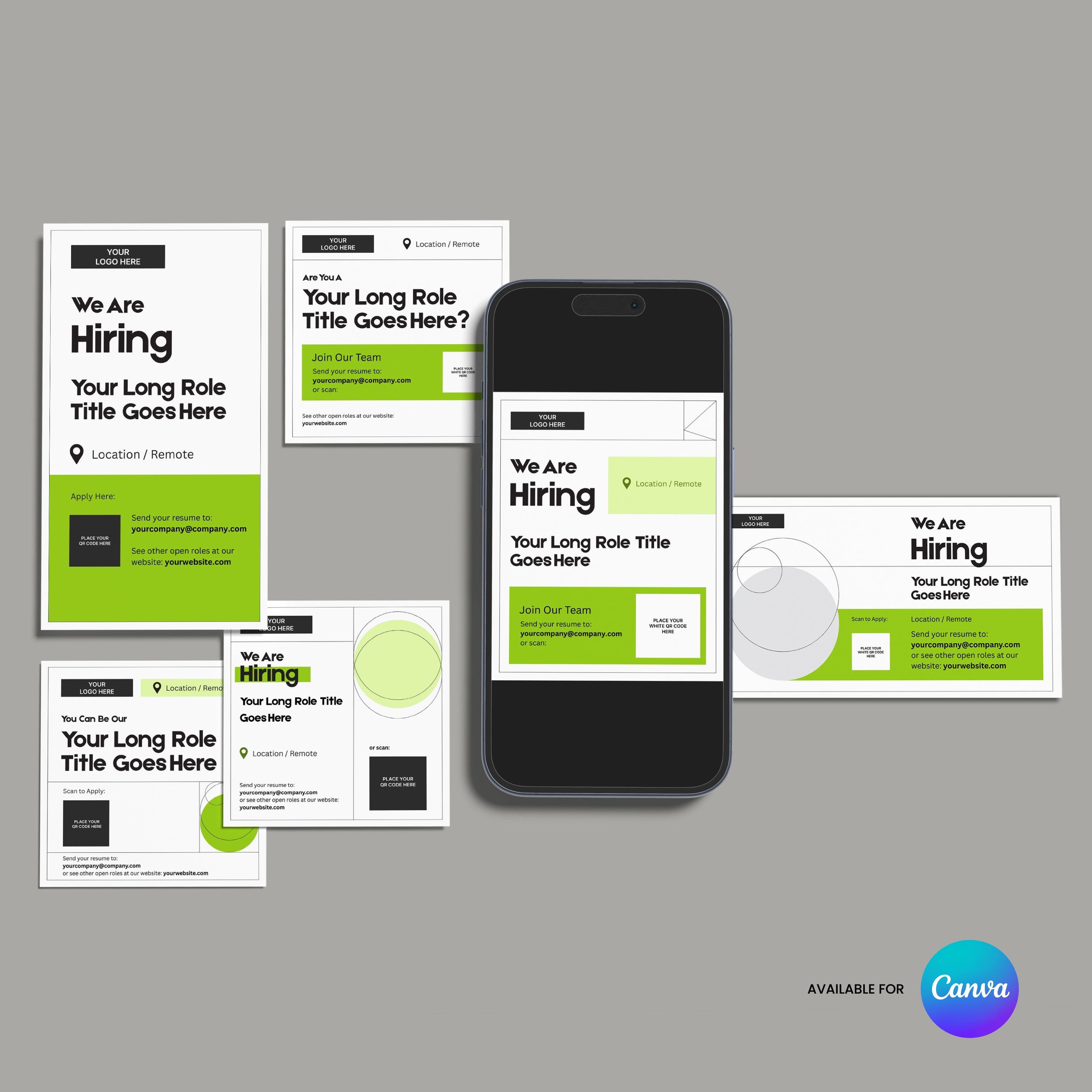 The Social Media Hiring Ad Templates for Canva – Forma 20 Collection Green Edition showcases five green, black, and white designs around a smartphone. The Canva logo and “AVAILABLE FOR Canva” label highlight its suitability for digital recruitment.