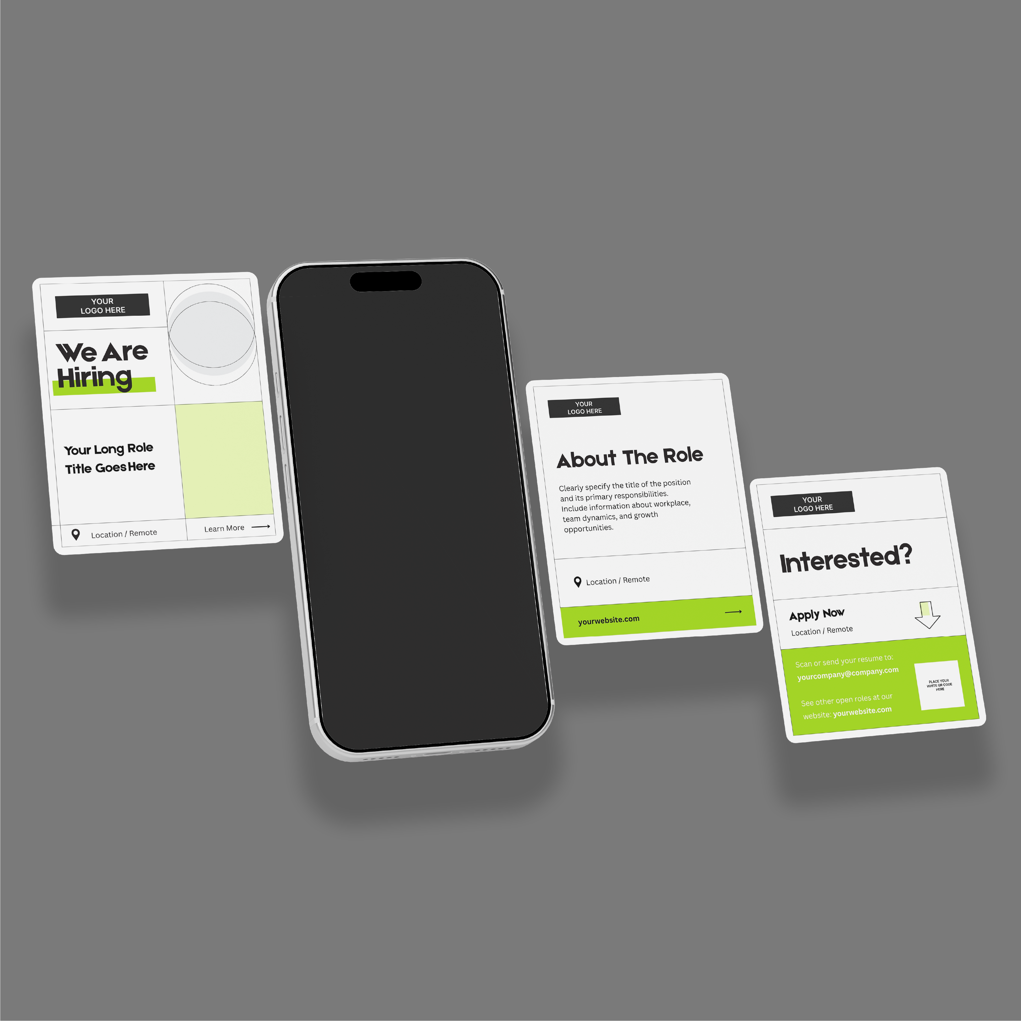 The Hiring Social Media Carousel Template for Canva Forma 40 Collection features a smartphone with three modern recruitment cards on a gray background. The cards read “We Are Hiring,” “About The Role,” and “Interested?” in green and black accents.