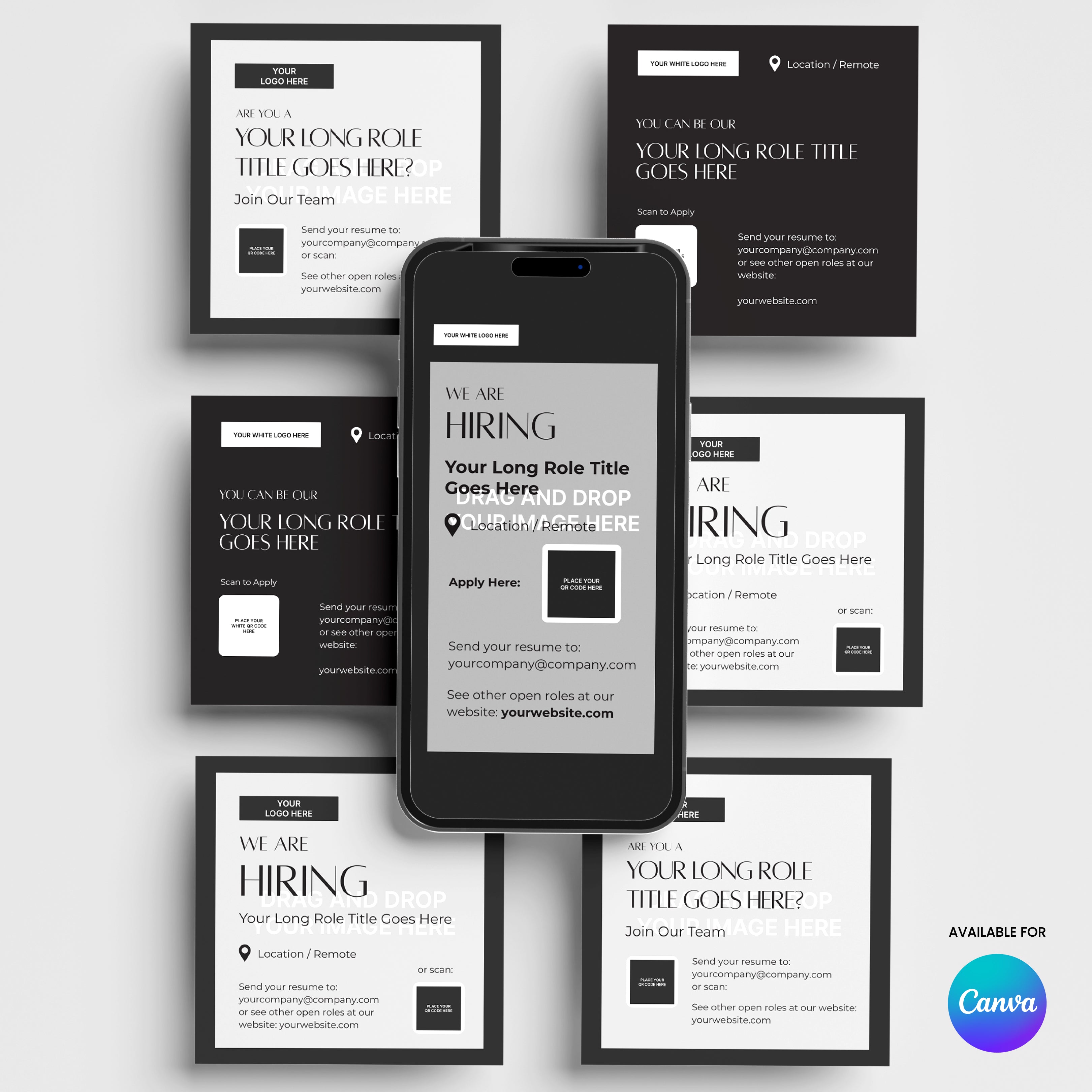 A smartphone shows a job hiring template from the Social Media Hiring Ad Templates for Canva - Forma 60 Collection, surrounded by six black, white, and gray Recruitment Posts with job details. The Canva logo appears in the bottom right corner.