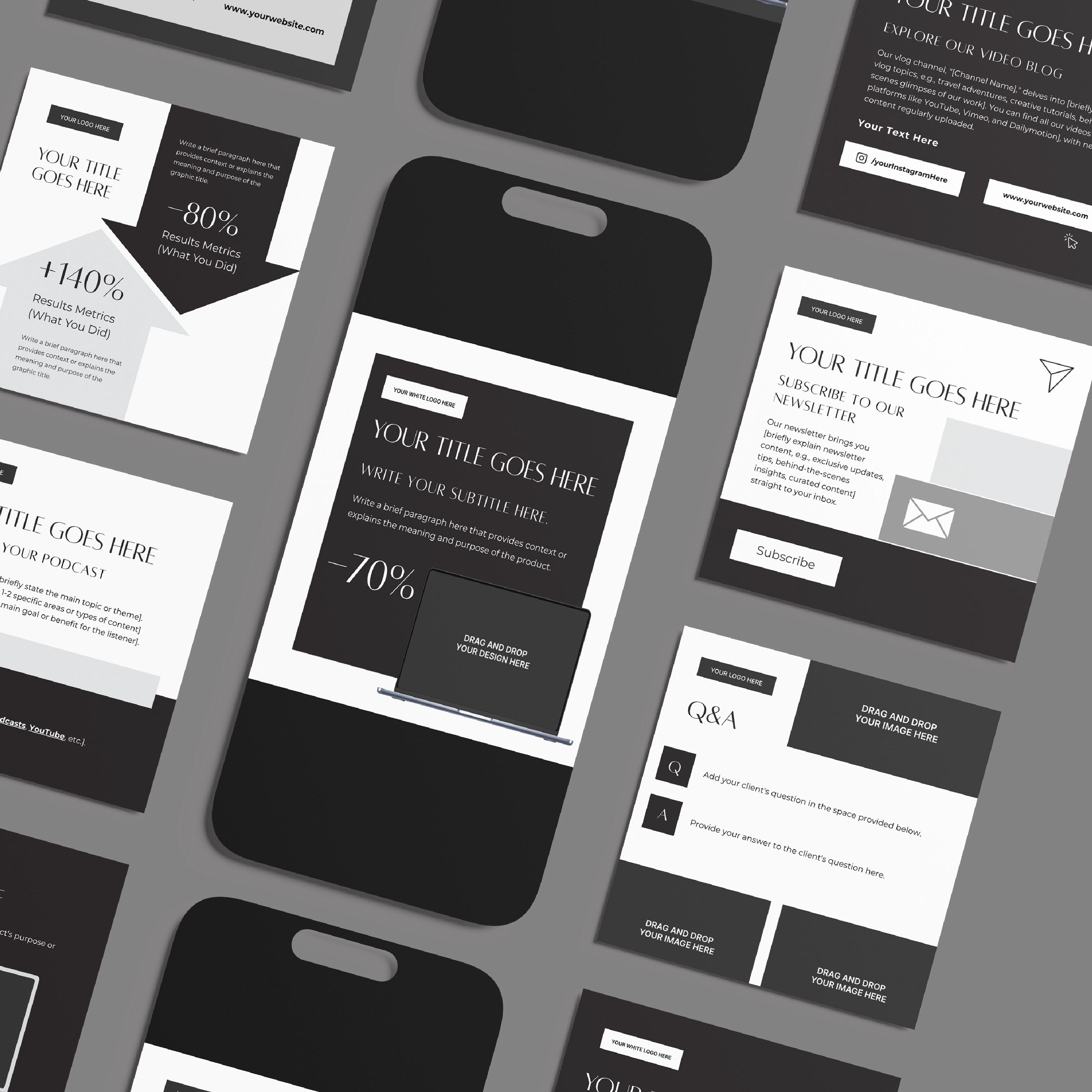 Flat lay of black and white Social Media Post Templates for Canva – Forma 60 Collection, including newsletter sign-ups, promotions, QA, and podcast highlights mockups displayed on a gray surface in an overlapping arrangement.