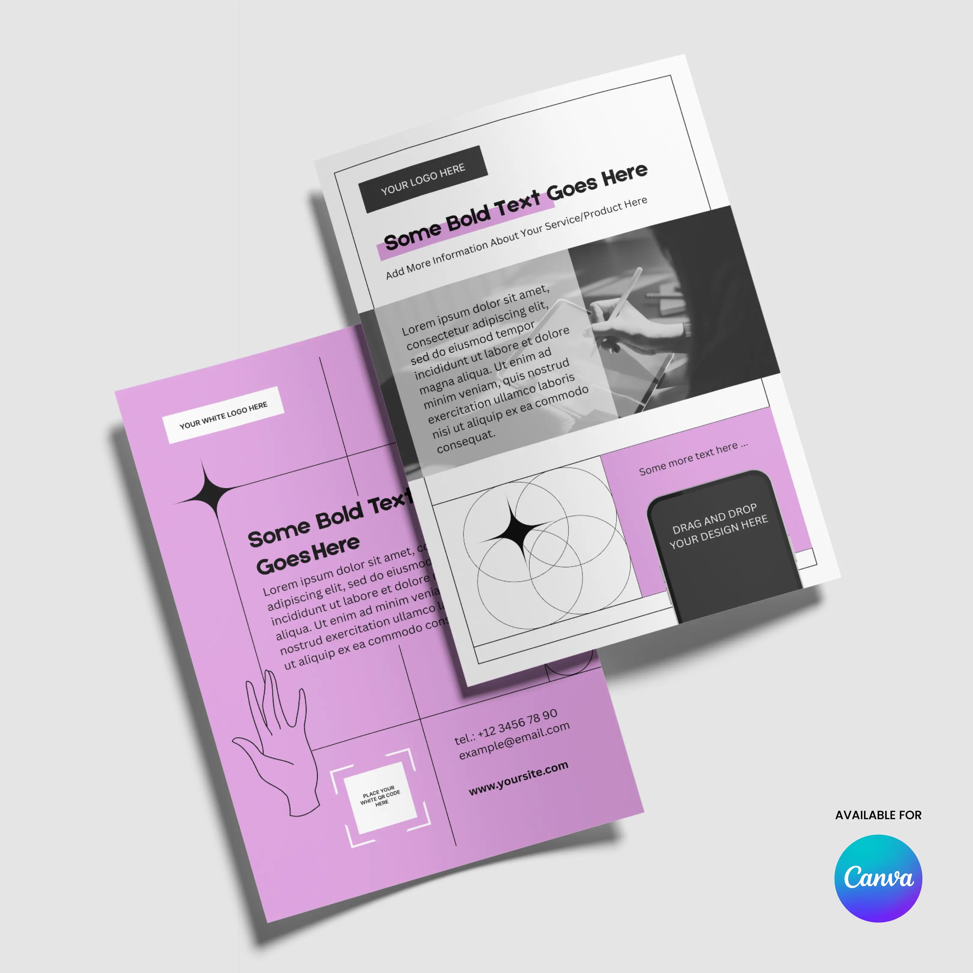 Two Flyer Template for Canva designs from the Forma 20 Collection are shown on a light gray surface, featuring purple, white, and gray geometric accents. Editable for print or digital use—ideal for services, offers, or product features.