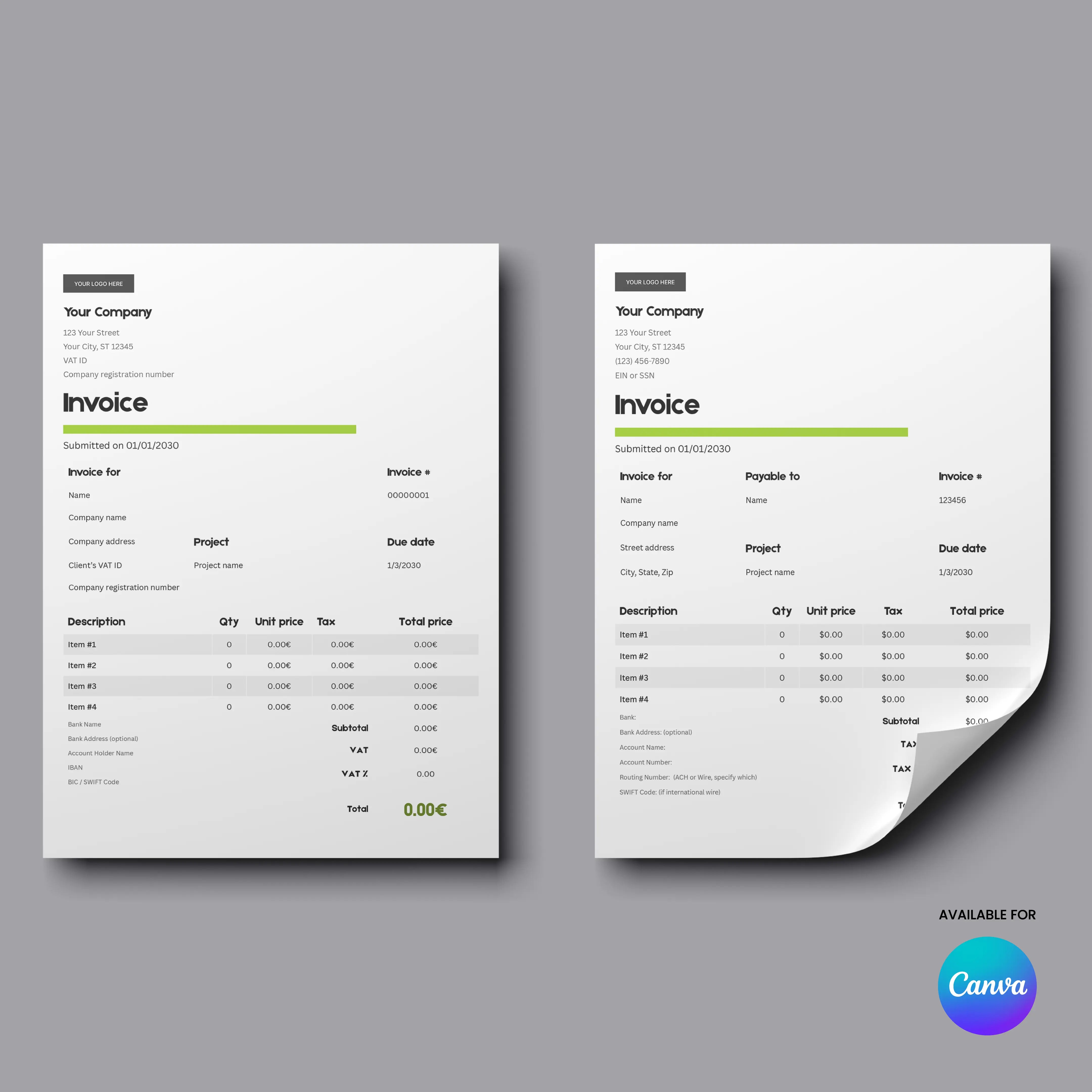 Two sheets display the Modern Green Invoice Template (US & EU Format) | Canva Editable, Forma 20 on a gray background. Each shows itemized lists, totals, green highlights, and the Canva logo; the right sheet features a curled bottom corner.