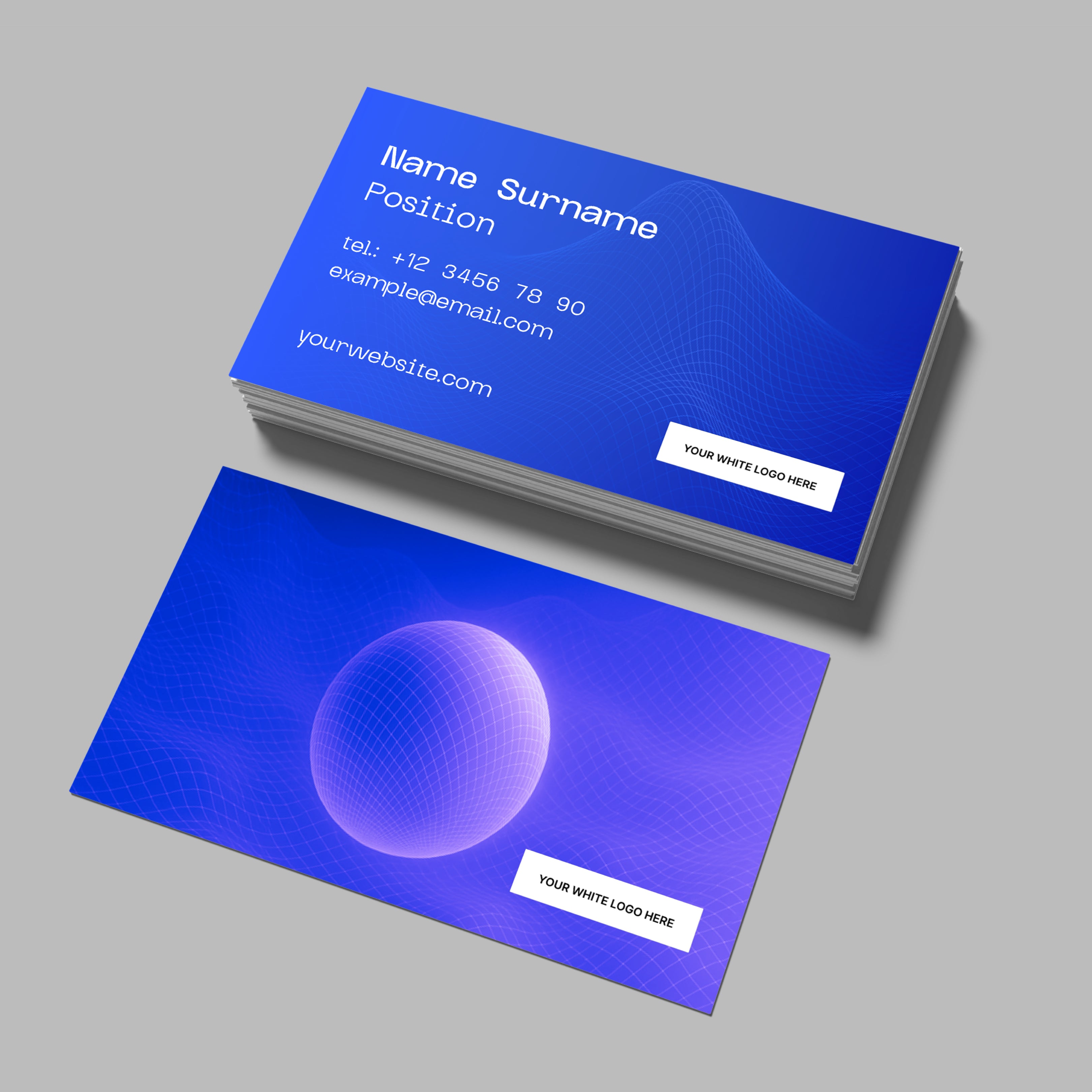 The Bold Grid Business Card Template for Canva Forma 30 Collection features a blue-purple gradient, white geometric lines, and a sphere. Easily editable for contact details, website, and logo. Perfect for printable or digital use.