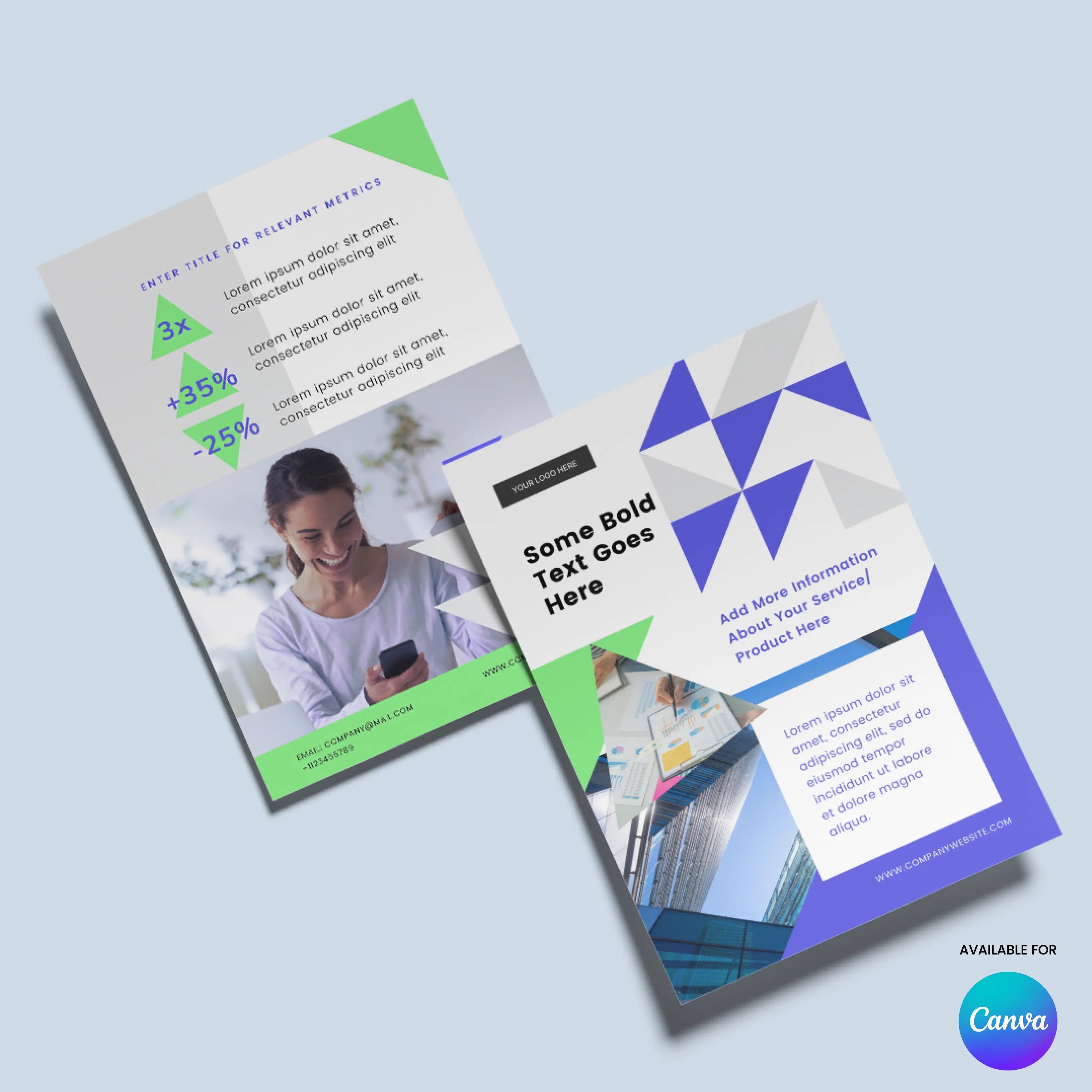 Two Forma 40 Collection Canva flyers are shown on a light purple surface—one with a woman using a smartphone and business metrics, the other with geometric shapes, text, and office buildings. Flyer Template for Canva logo is at the bottom right.