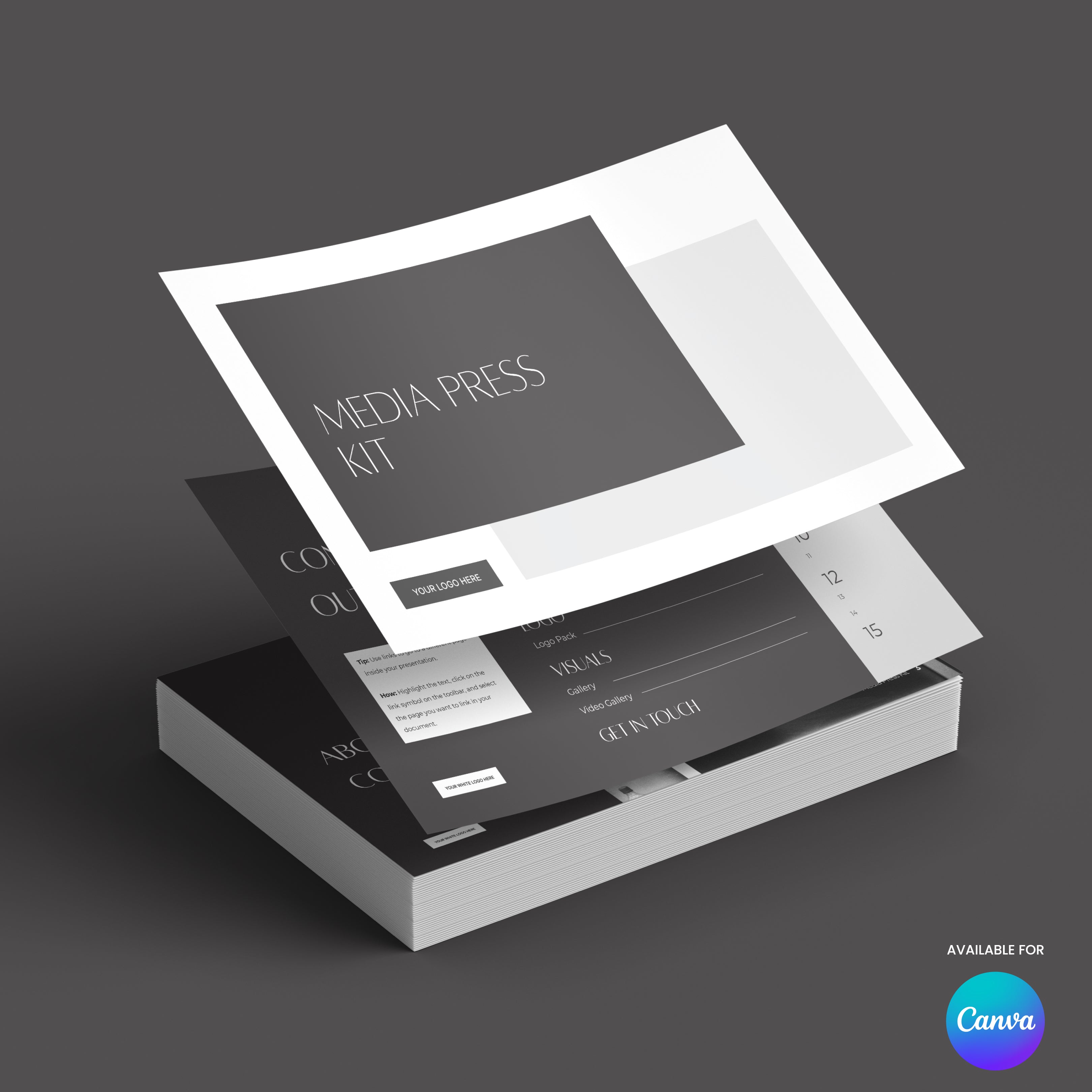 A stack of minimalist black and white media press kit documents, some sheets floating above. The Canva logo at the bottom right marks this as an editable "Media Press Kit Template for Canva – Forma 60 Collection," ideal for professional presentations.