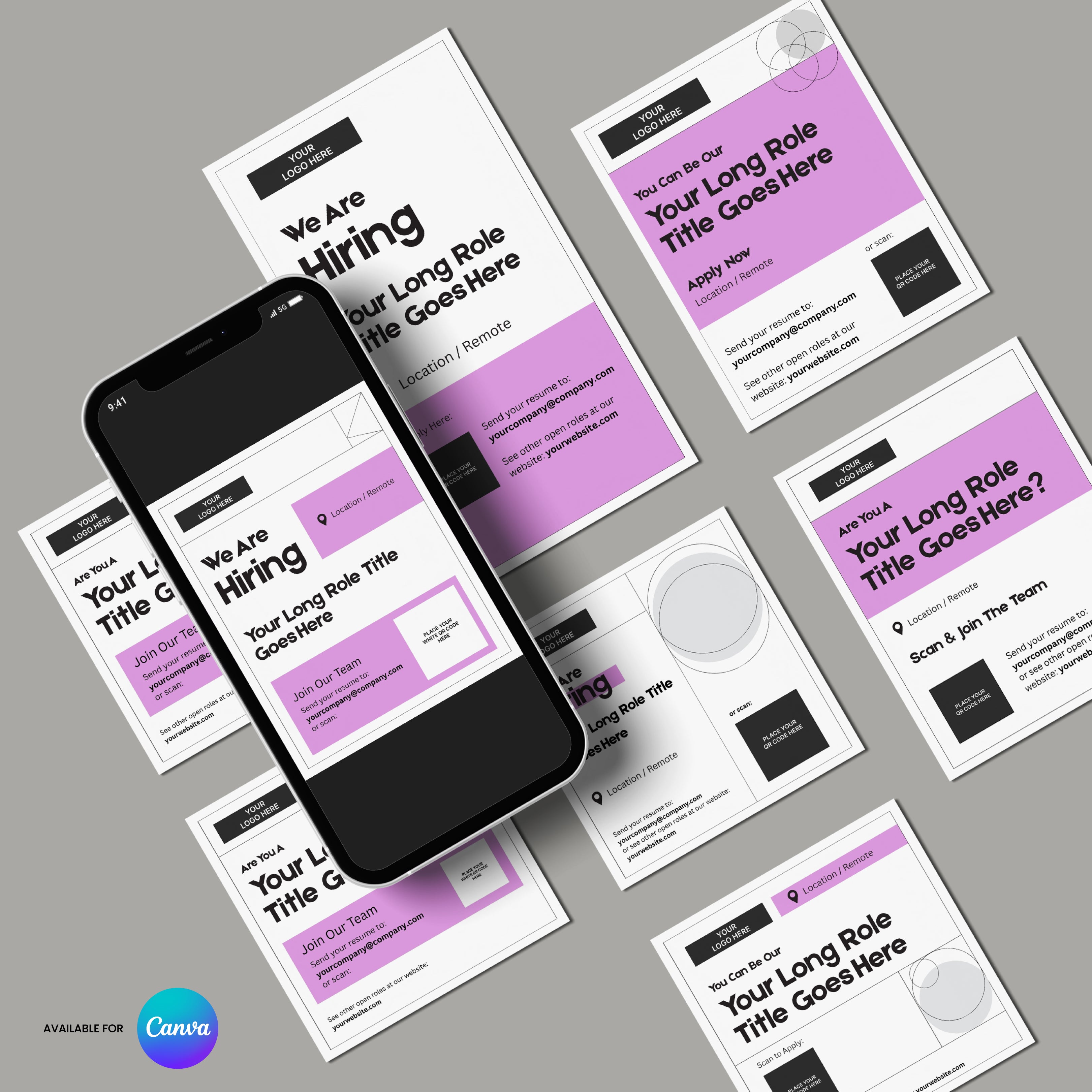 A smartphone and printed cards display a recruitment campaign in white, black, and pink. The text says, We are hiring. Your long role title goes here. A Canva logo spotlights the Social Media Hiring Ad Templates for Canva – Forma 20 Collection Pink Edition.