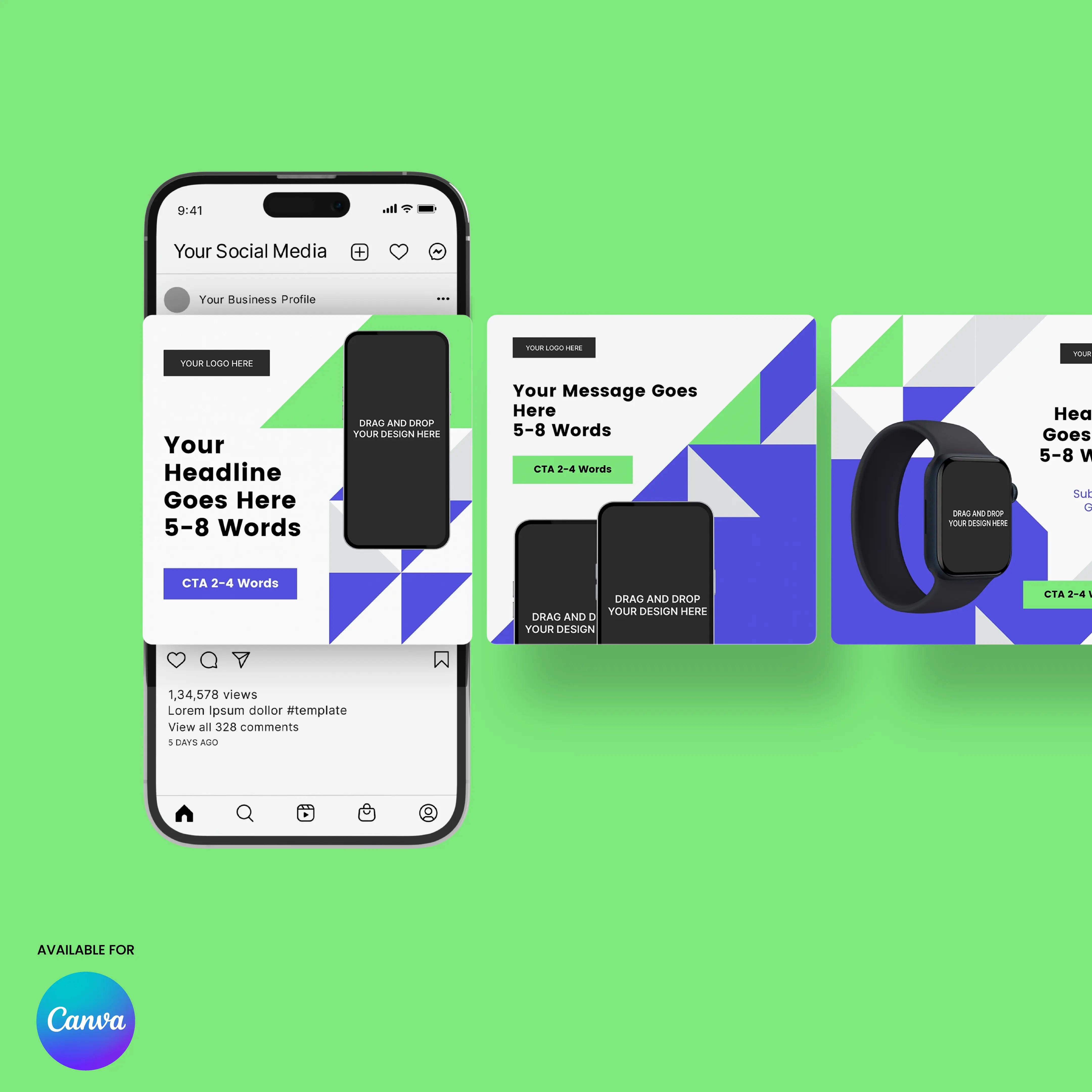 A smartphone and two Social Media Ad Templates from the Forma 40 Collection display bold blue-green geometric shapes, headline text, and a CTA button on green. Canva logo in the corner—ideal Canva templates for startups seeking bold promo slides.