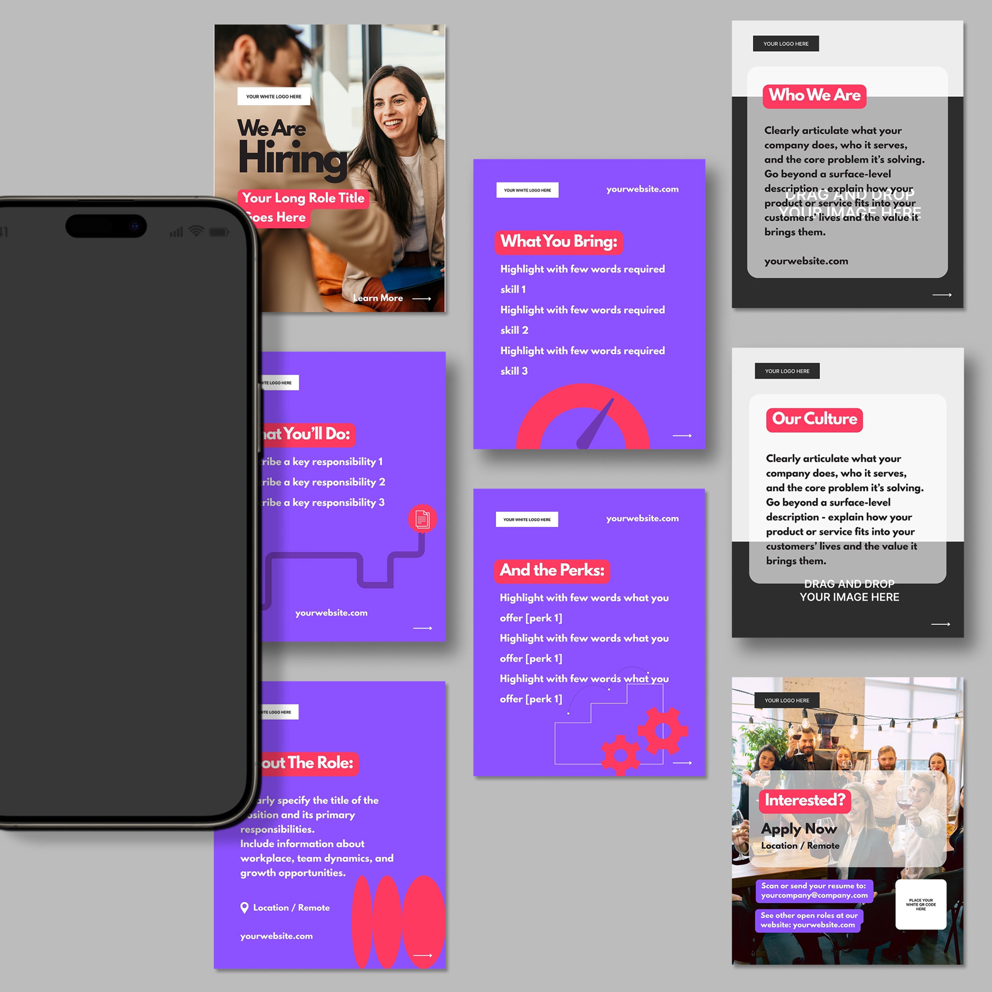 The Social Media Hiring Carousel Templates for Canva – Forma 10 Collection features sections for job title, tasks, requirements, perks, culture, and an "Apply Now" CTA. A smartphone appears in the corner. Ideal for Canva users promoting job openings.