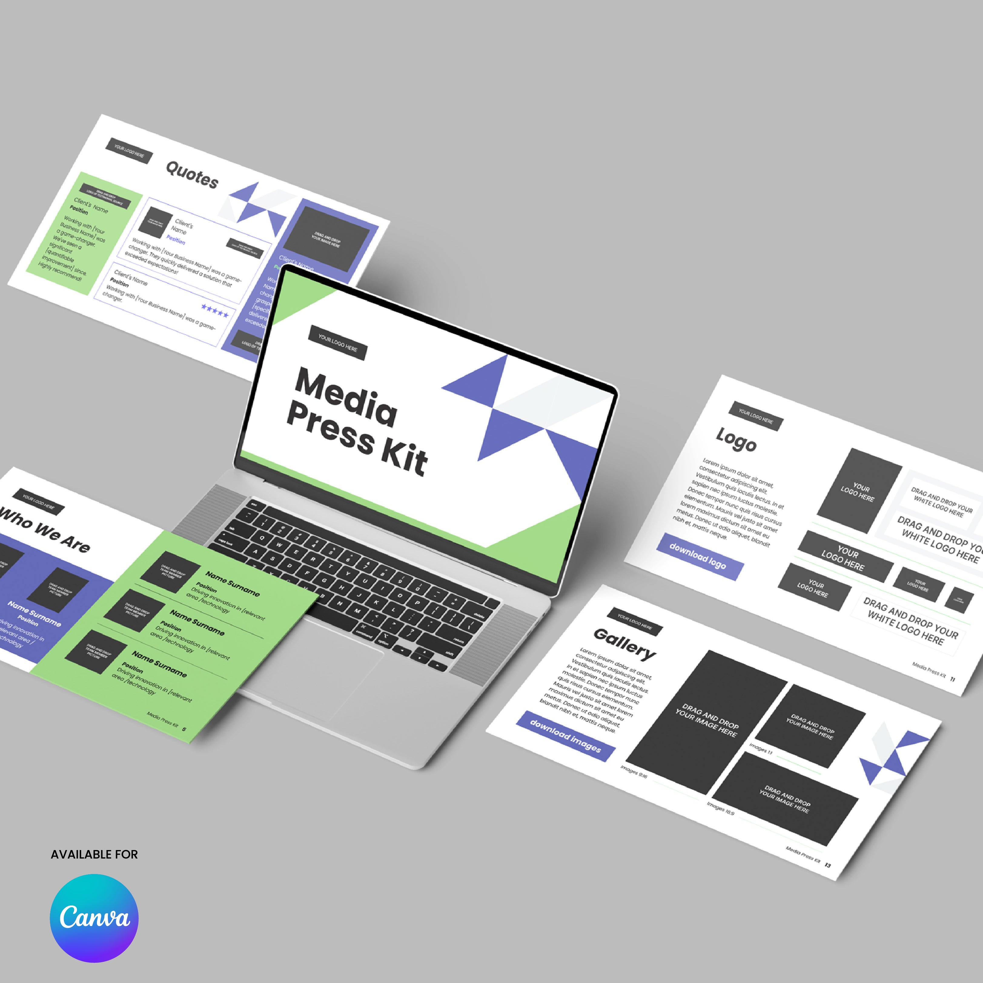 A laptop shows a Media Press Kit slide created with the Media Press Kit Template for Canva - Forma 40 Collection. Printed slides labeled Quotes, Who We Are, Logo, and Gallery feature green, black, gray, and purple geometric designs. Canva logo is bottom left.