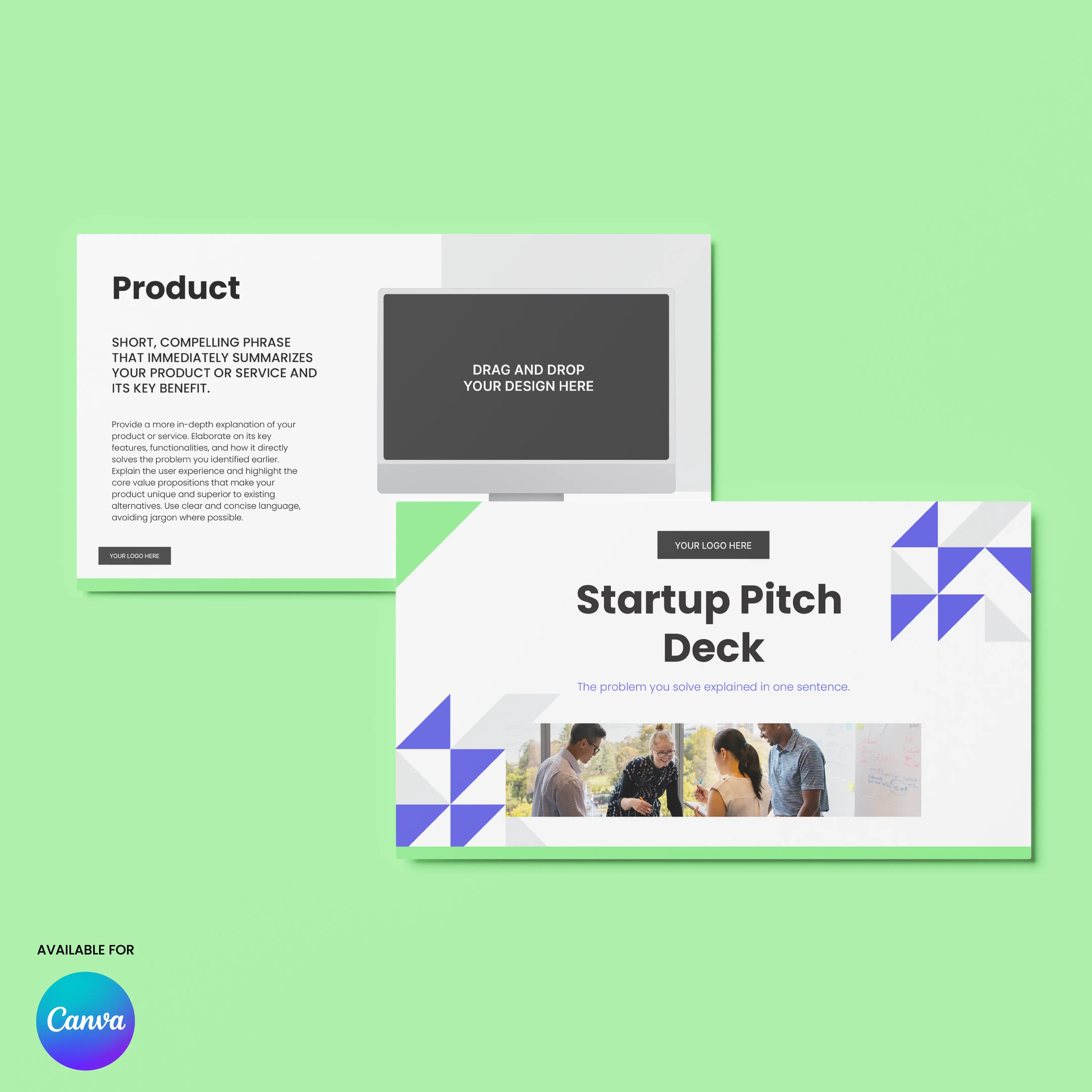 Two digital Canva slides on a light green background showcase the Startup Pitch Deck Template – Forma 40 Edition, a clean and editable presentation with geometric shapes, computer screen graphics, and a group photo. Canva logo appears at the bottom left corner.