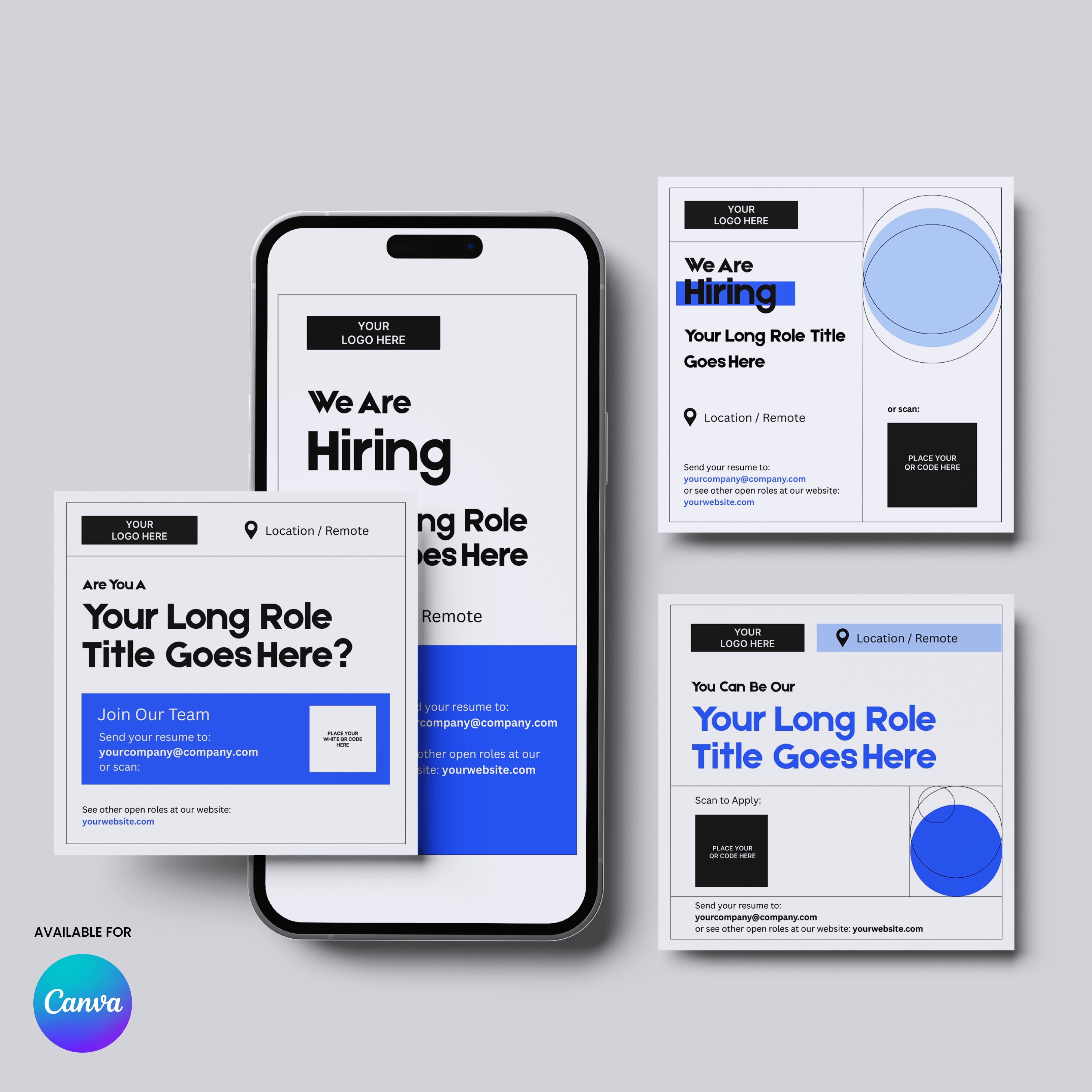 Promote open roles with Forma 20 Social Media Hiring Ad Templates for Canva Blue Edition—bold "We Are Hiring" text, blue accents, and customizable sections make these templates perfect for digital recruitment on your smartphone or social channels.