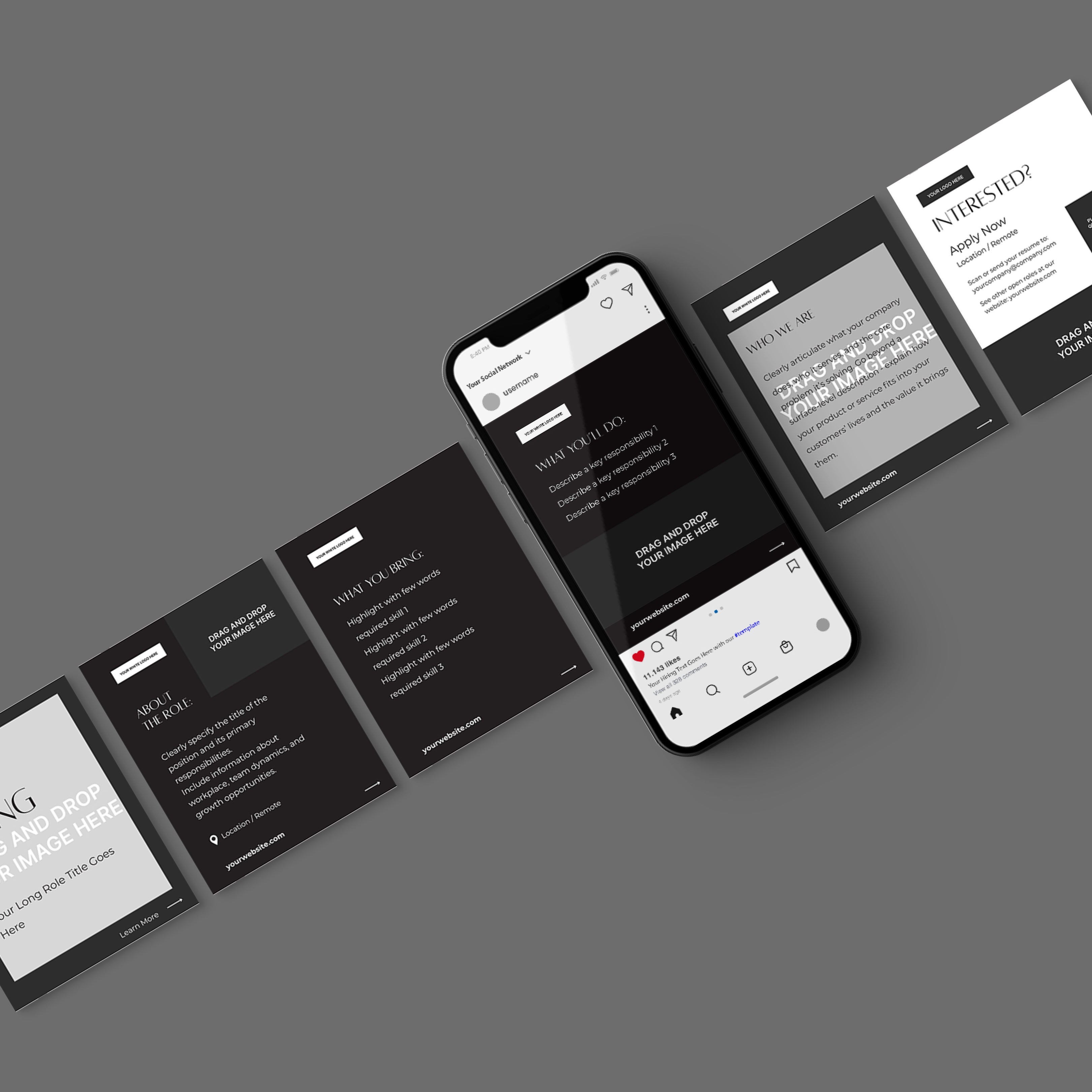 A smartphone showing a dark-themed site is centered on a gray surface, surrounded by six mockup cards featuring the Social Media Hiring Carousel Templates for Canva - Forma 60 Collection, with text areas and blank image spaces.