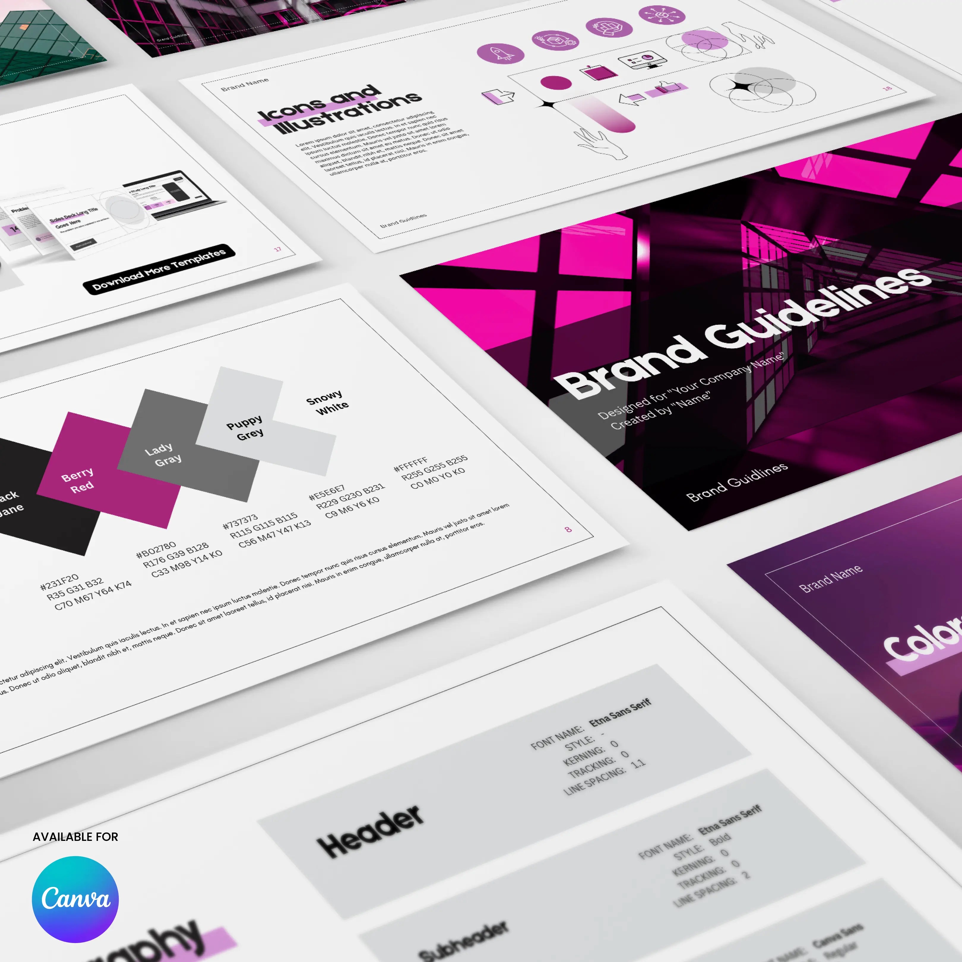 The Modern Brand Identity Template | Canva Brand Guidelines Layout features editable slides on color palettes, typography, icons, and illustrations with a purple geometric theme. The Canva logo is displayed in the bottom left corner.