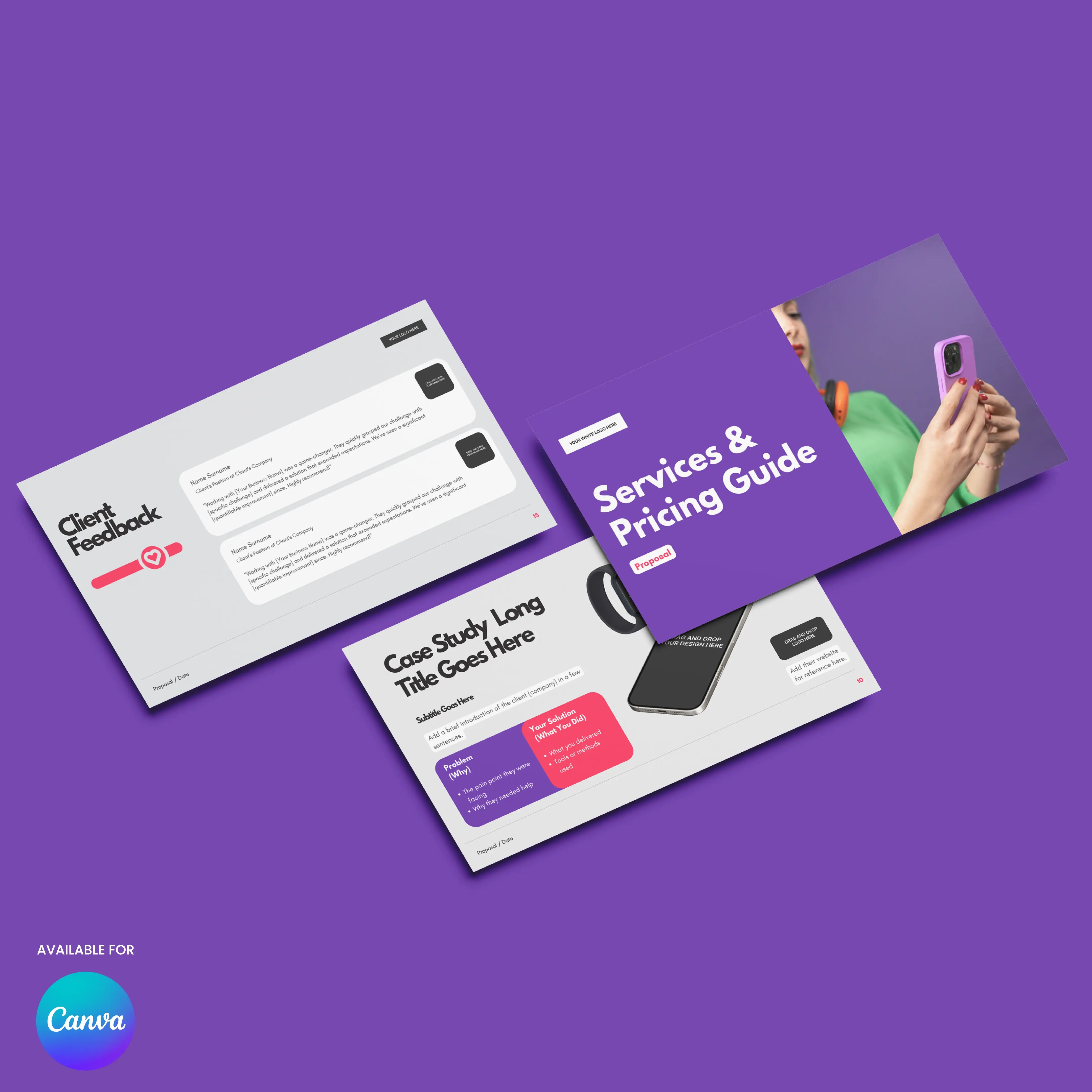 Three digital slides from the Service Proposal & Pricing Presentation | Canva Template, Forma 10 Collection feature a modern purple background and cover Client Feedback, Services & Pricing Guide, and Case Study with text and simple graphics.