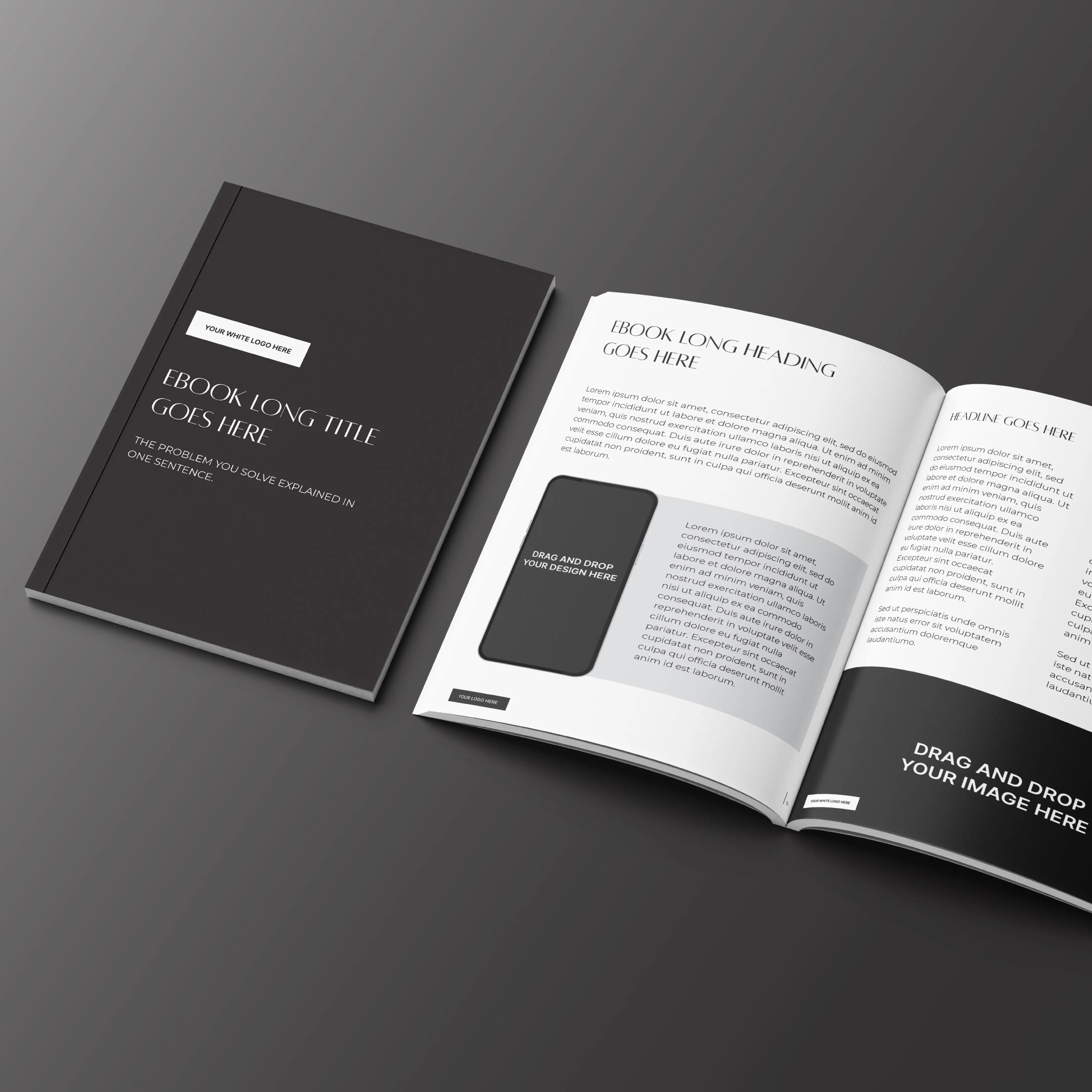 The eBook Template for Canva – Monochrome Edition | Forma 60 Collection displays a closed cover with placeholder text and an open layout featuring sample headings, text boxes, and sections for images on a dark gradient surface.