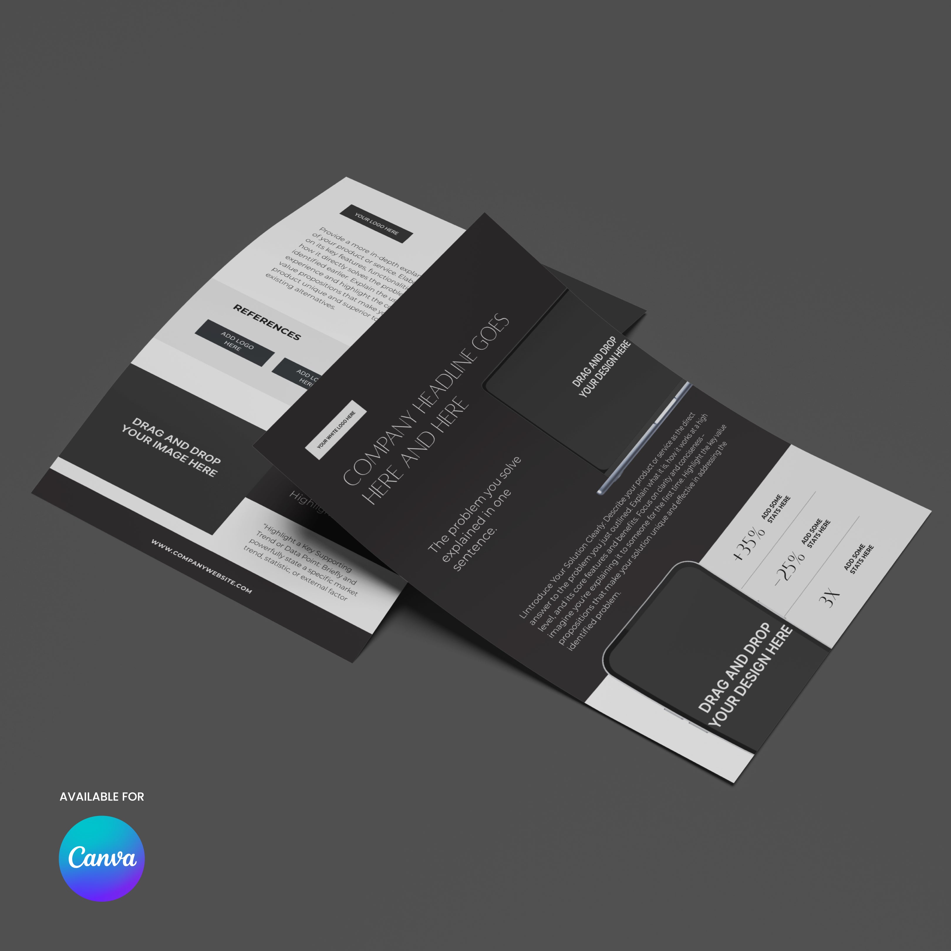 Black and white one pager template on a dark gray background with Canva logo