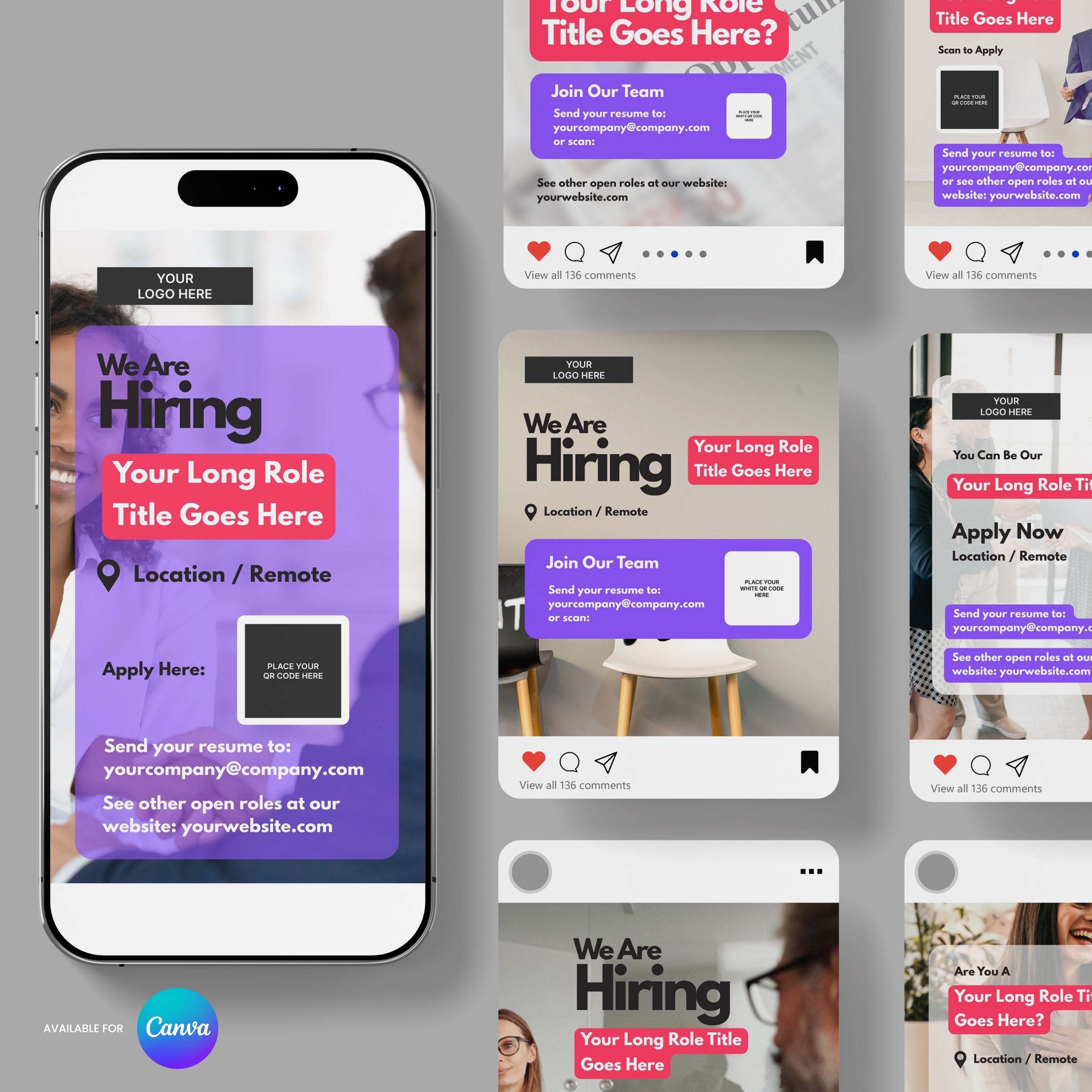 A smartphone and six cards display Social Media Hiring Ad Templates for Canva – Forma 10 Collection, with purple/red banners, job titles, locations, contact info fields, "We Are Hiring" headlines, and the collection logo in the lower left.