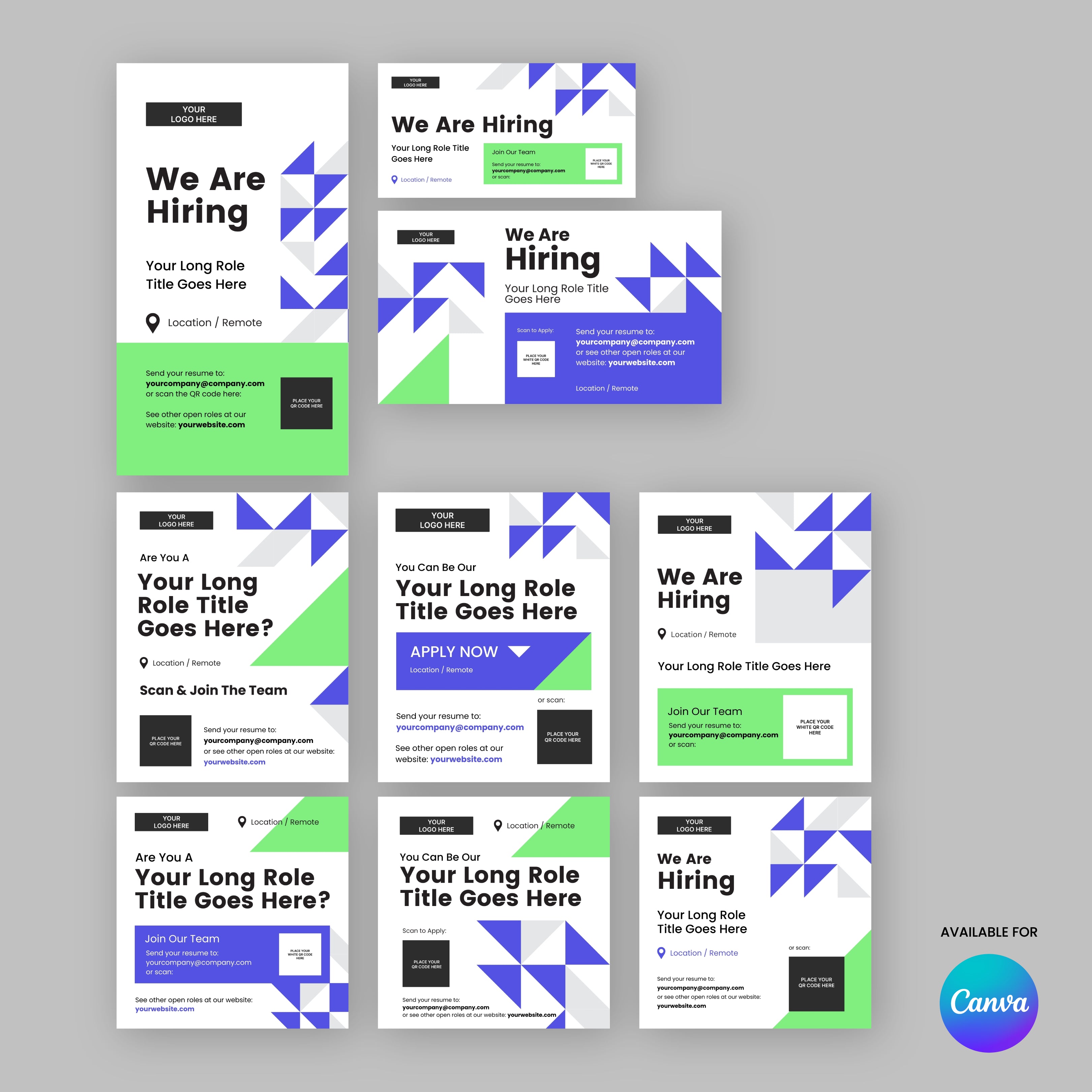 Promote your recruitment campaign with the Forma 40 Collection: nine geometric Social Media Hiring Ad Templates for Canva in green, blue, black, and white on gray. Each features space for role title, location, and a bold "We Are Hiring" headline.