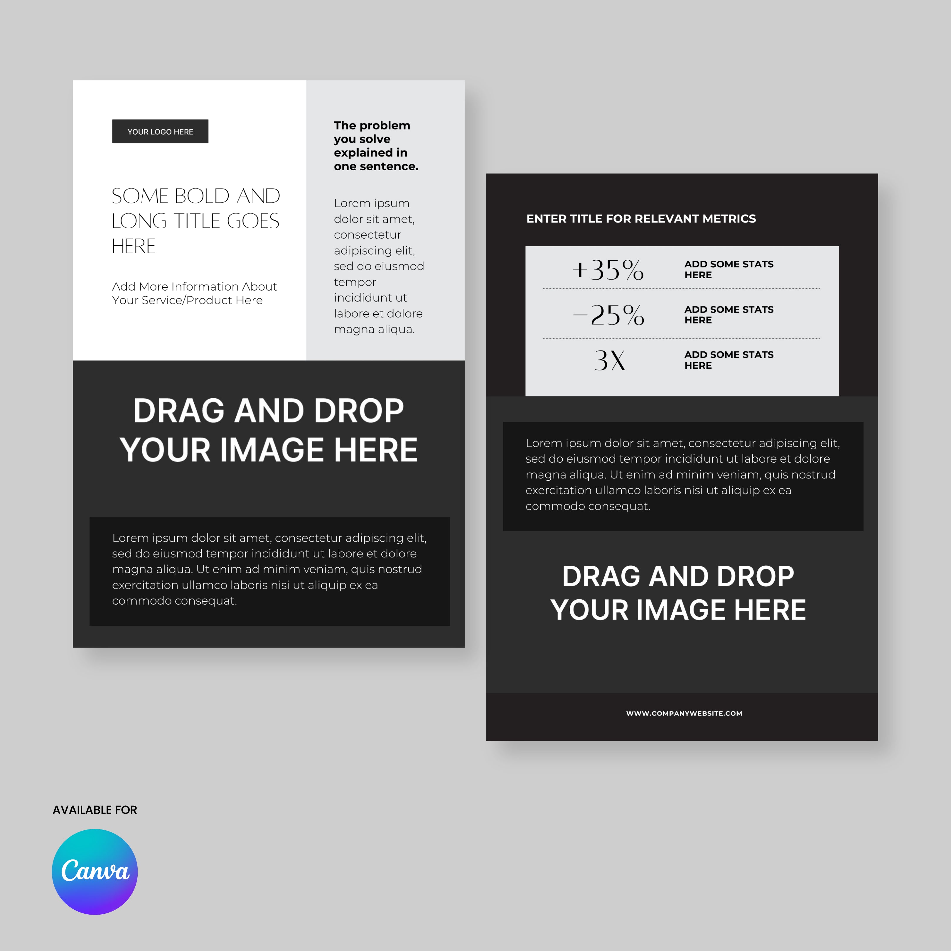 The Flyer Template for Canva - Forma 60 Collection features two side-by-side black-and-white business templates with metric boxes, image upload areas, and sections for titles, descriptions, and stats. The Canva logo is in the bottom left corner.