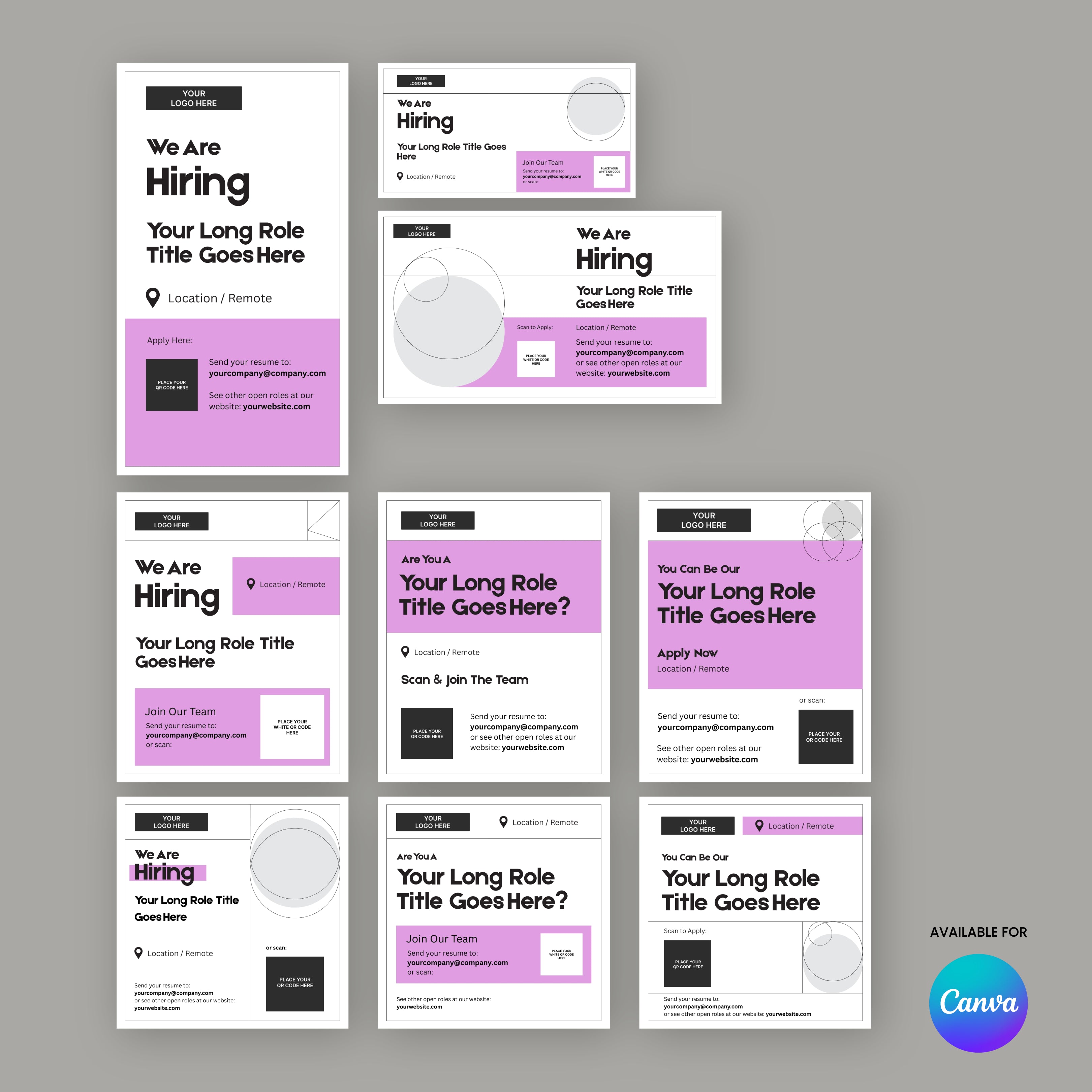 A grid of nine Social Media Hiring Ad Templates for Canva – Forma 20 Collection Pink Edition features white and pink backgrounds, bold black text, circular graphics, and job title spaces—ideal for your next recruitment campaign.