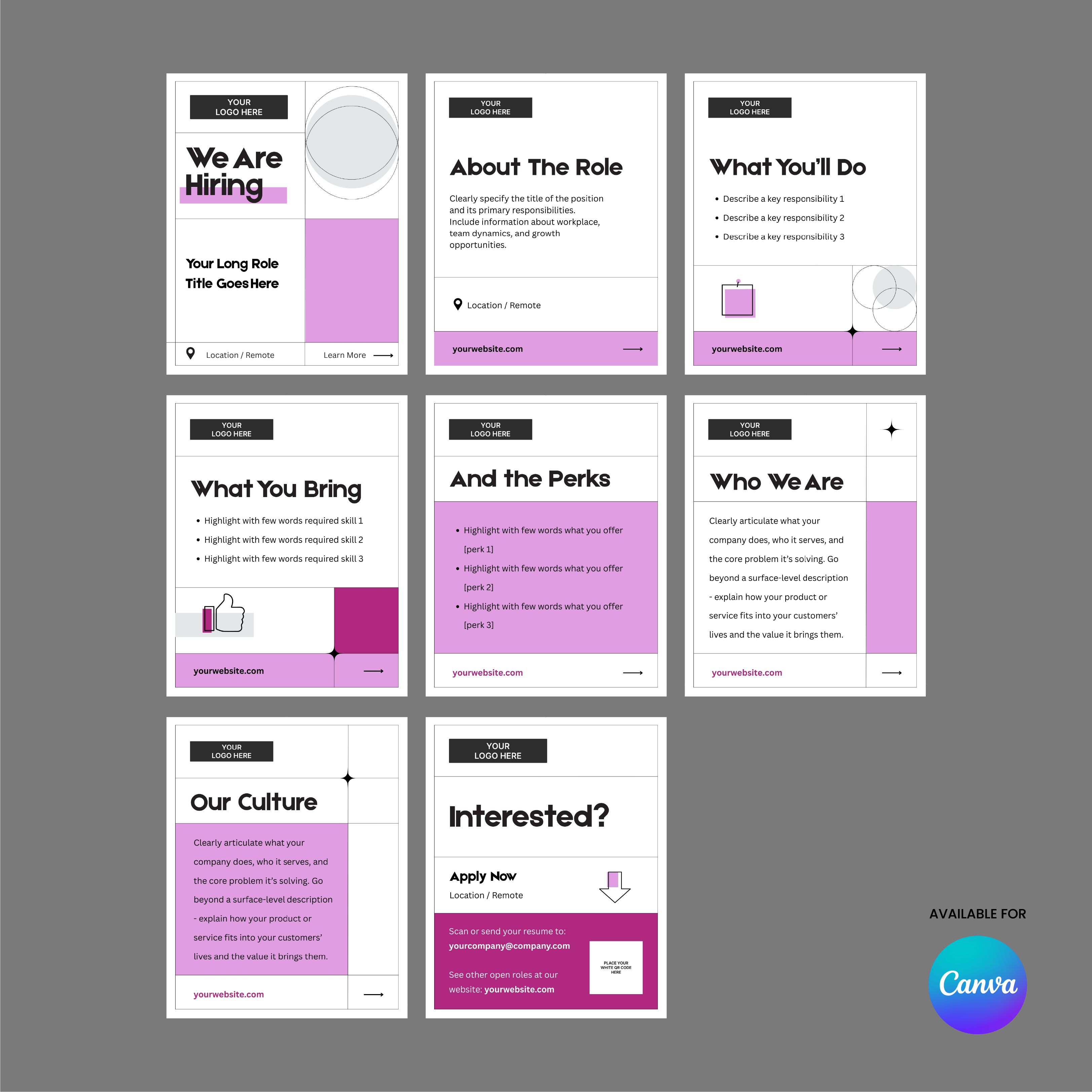 A set of eight pink Social Media Hiring Carousel Templates from the Forma 20 Collection, featuring headers like We Are Hiring, About The Role, and Our Culture—perfect Canva templates for LinkedIn recruitment posts.