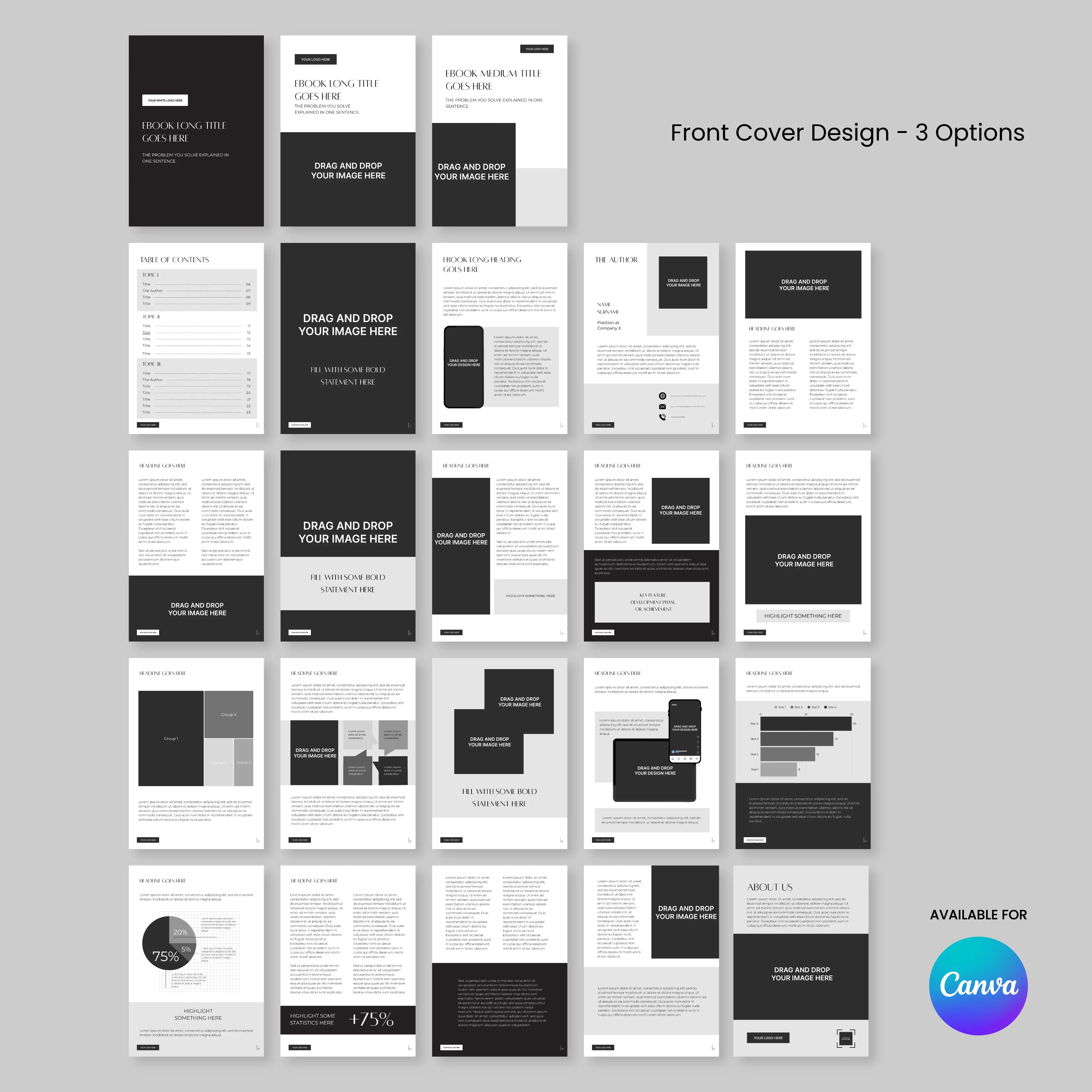A 5x5 grid of monochrome eBook template pages, featuring front cover options and diverse layouts for text, images, and quotes. “Front Cover Design - 3 Options” and “eBook Template for Canva – Monochrome Edition | Forma 60 Collection” shown on the right.