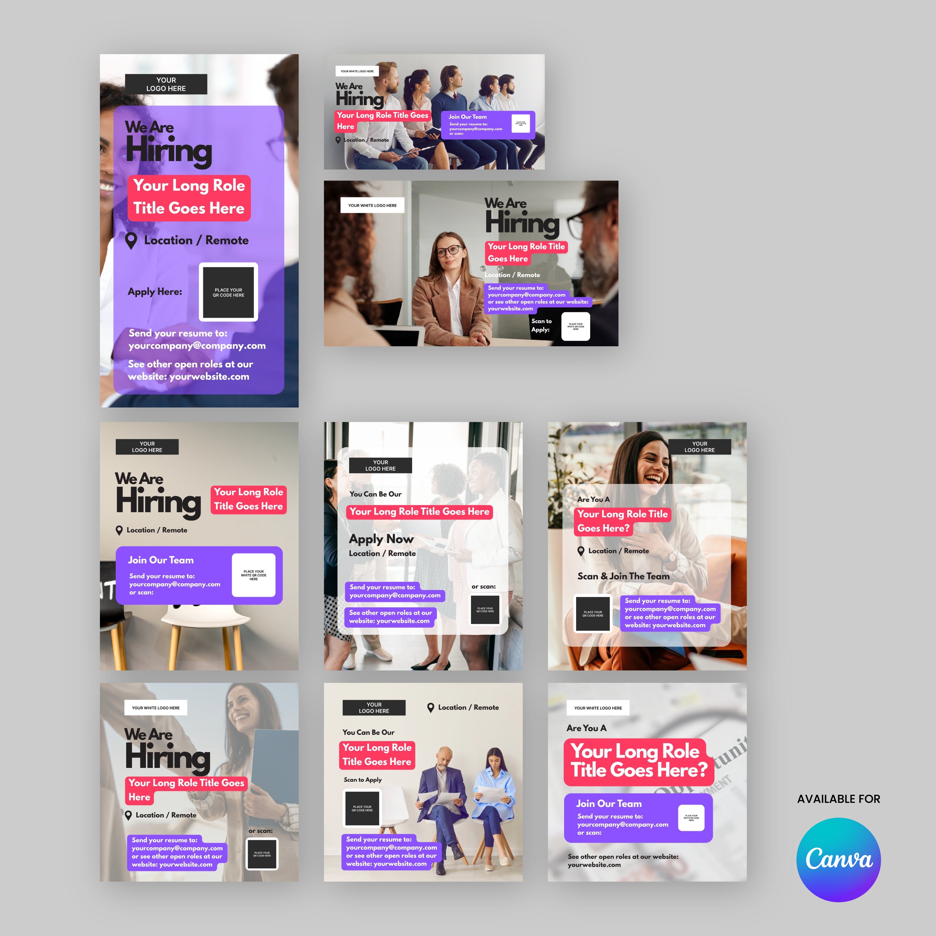 A collage showcases eight Social Media Hiring Ad Templates for Canva from the Forma 10 Collection, each with editable layouts for job titles, details, and office images. The Canva logo is visible in the bottom right corner.