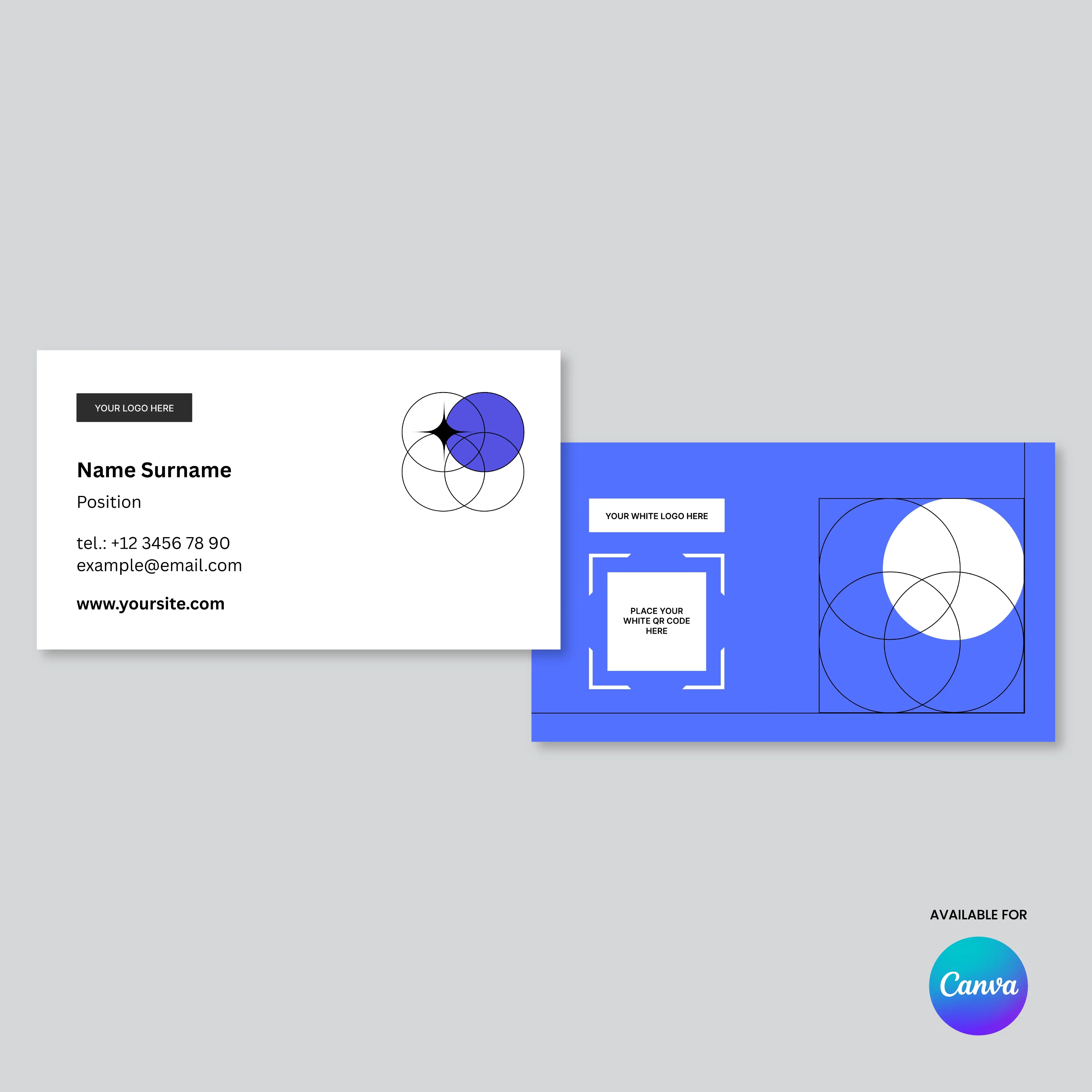 Showcasing the Minimal Business Card Template | Editable in Canva, Forma 20 Style: one white card with black text and geometric circles, and one blue card with white and black circles, both displayed on a light gray background with the Canva logo.