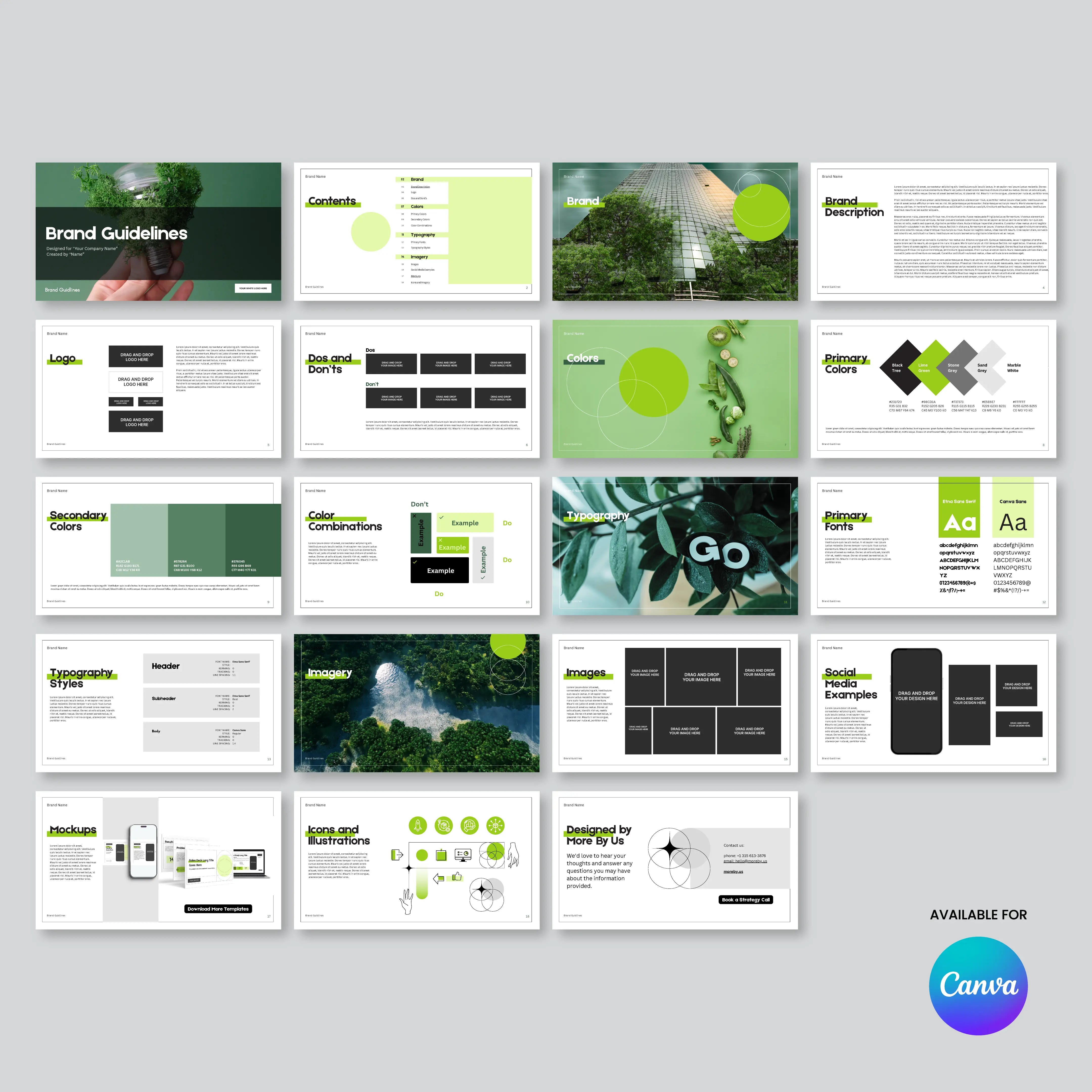 Image of the Brand Guidelines Template | Canva Editable, Green Minimal Style (Forma 20) featuring multiple slides with color palettes, typography, logo usage, graphic elements, and layouts in a modern green minimal theme.