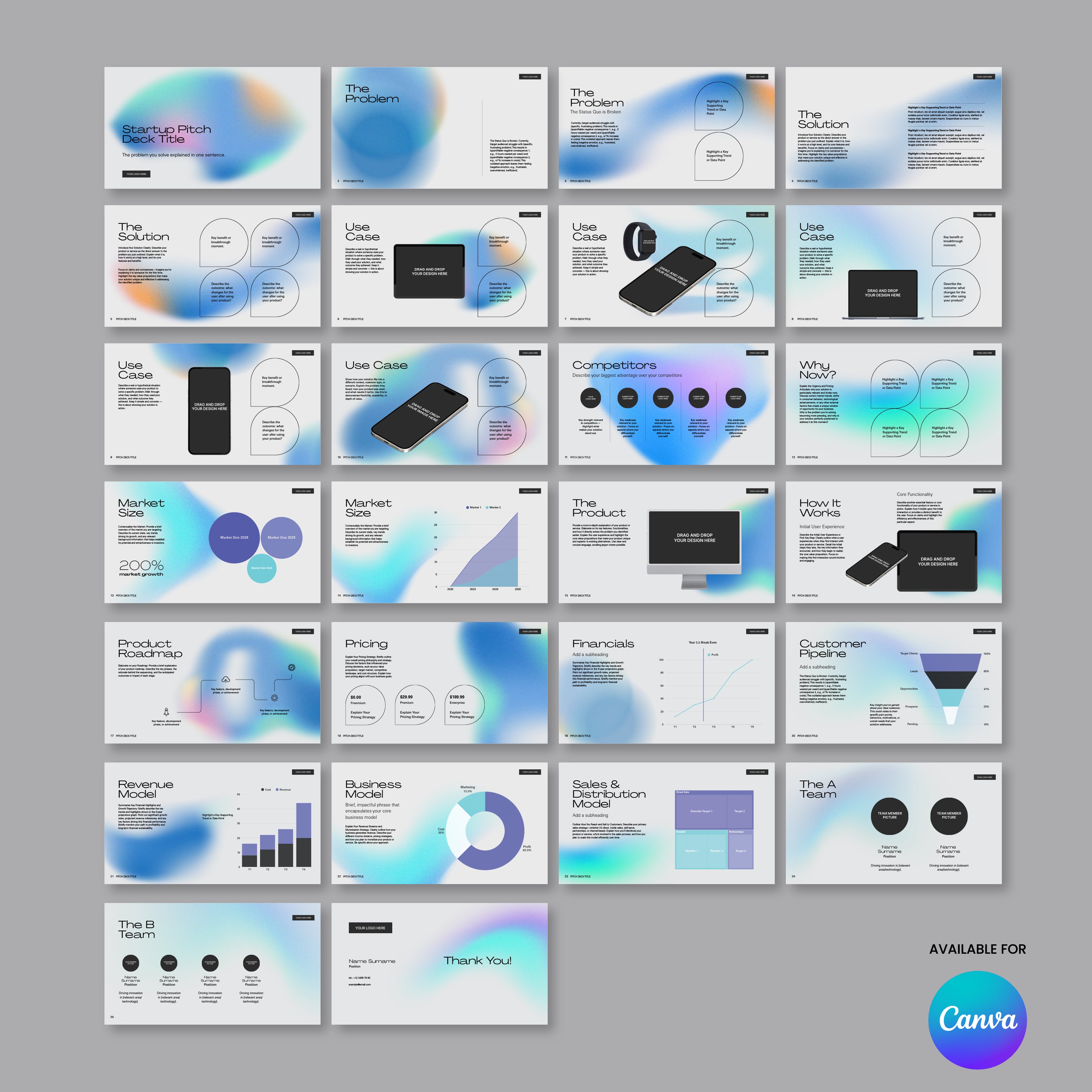 The Canva Pitch Deck Template – Forma 50 Aurora Minimal Design features 25 slides with blue and purple gradients, charts, device mockups, infographics, and sections on problems, solutions, product, market, pricing financials. Canva logo bottom right.