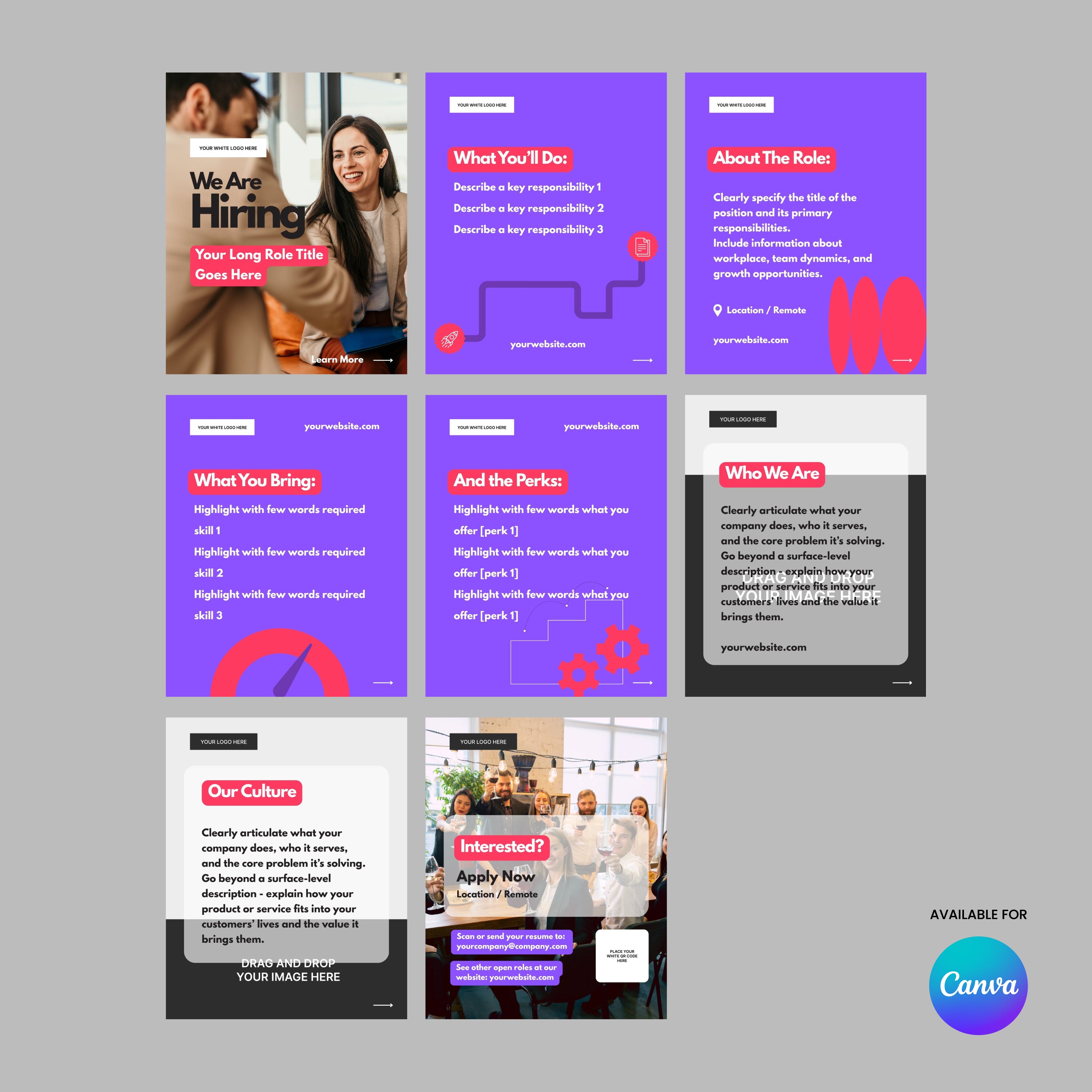 A collage of eight Social Media Hiring Carousel Templates for Canva – Forma 10 Collection, featuring bold text and geometric shapes in purple, red, and white—perfect for LinkedIn job posts with sections for title, details, perks, and more.
