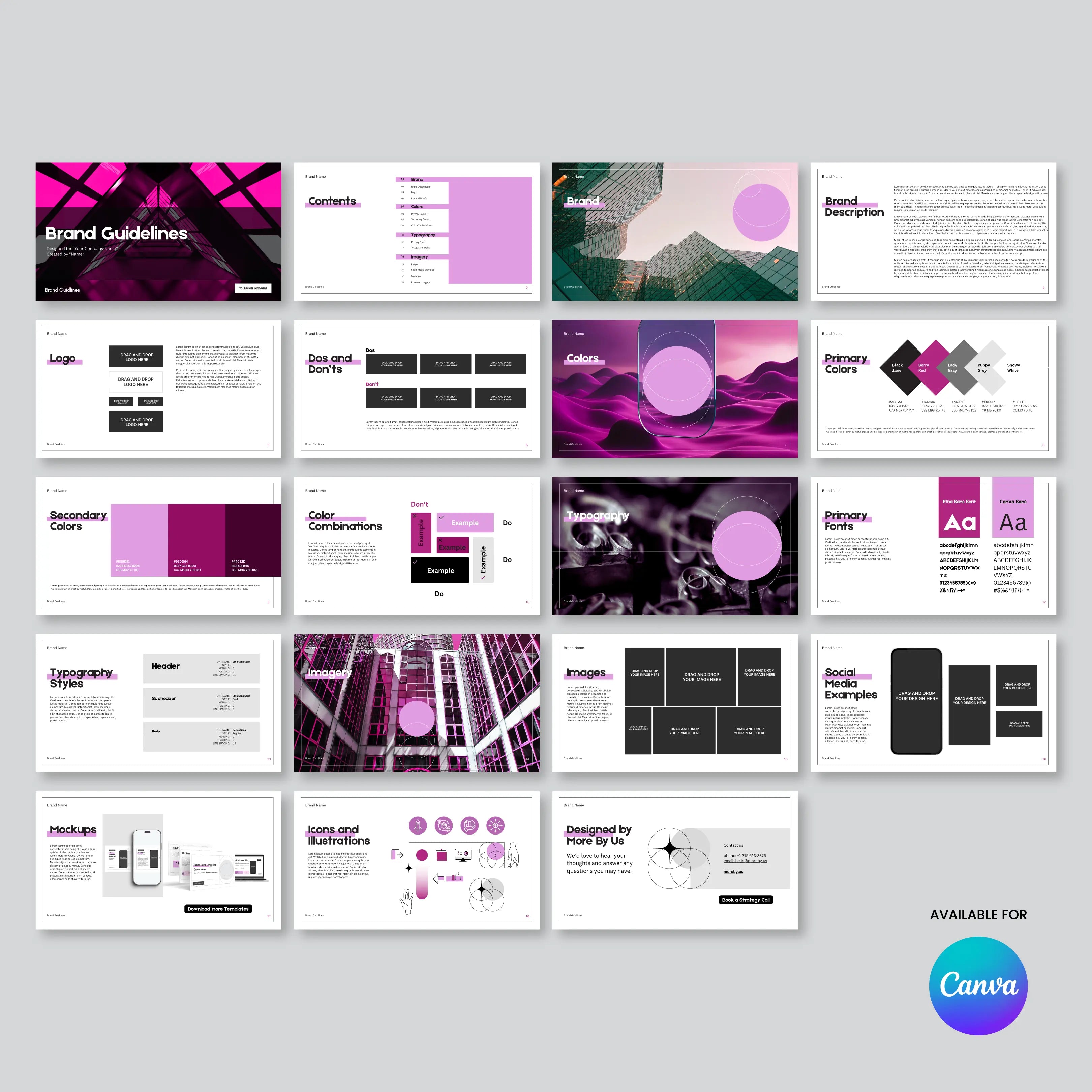 The Modern Brand Identity Template | Canva Brand Guidelines Layout is a 16-page editable presentation in pink, purple, black, and white, featuring layouts for logos, typography, imagery, icons, and color schemes to showcase your visual brand assets.