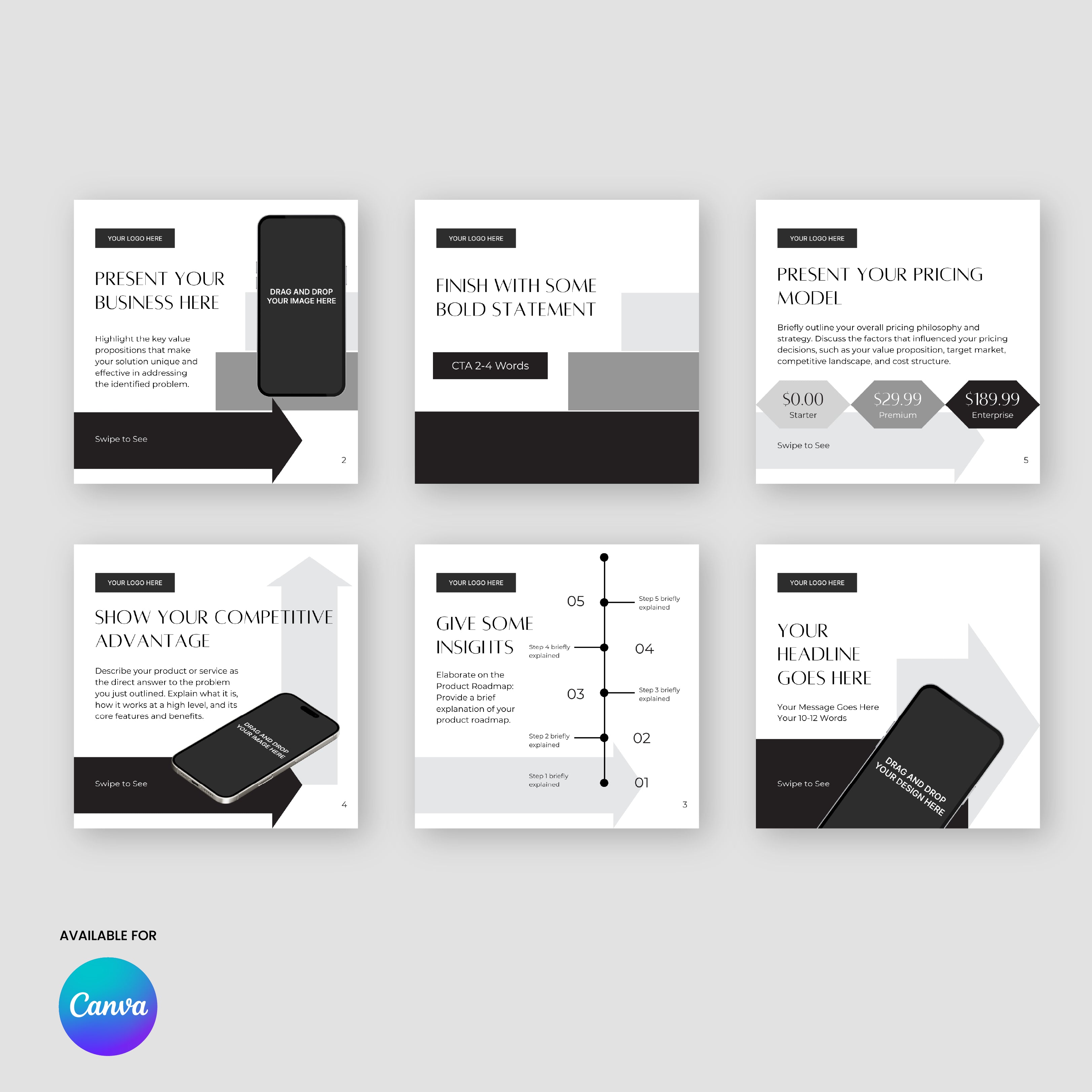 A set of six minimalist social media carousel slides from the Forma 60 Collection, featuring black, white, and gray geometric designs with sample text. Includes smartphone images and a Canva template icon in the bottom left corner.
