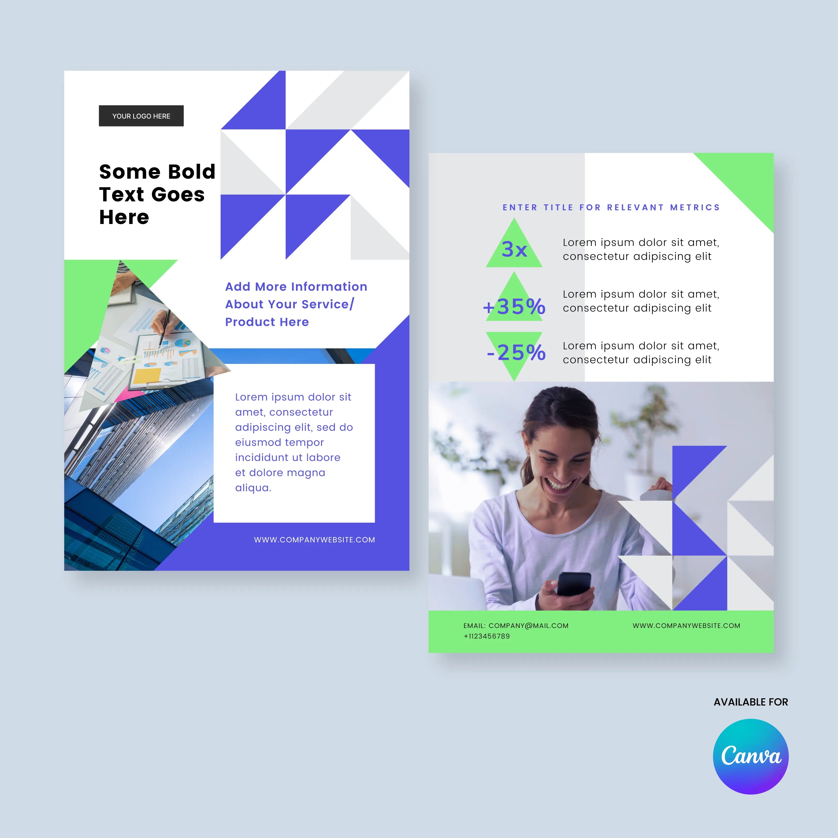 The Flyer Template for Canva - Forma 40 Collection features two business case study flyers with geometric blue, green, and gray designs—perfect for B2B marketing. Both are editable layouts for business services, metrics, and marketing offers.