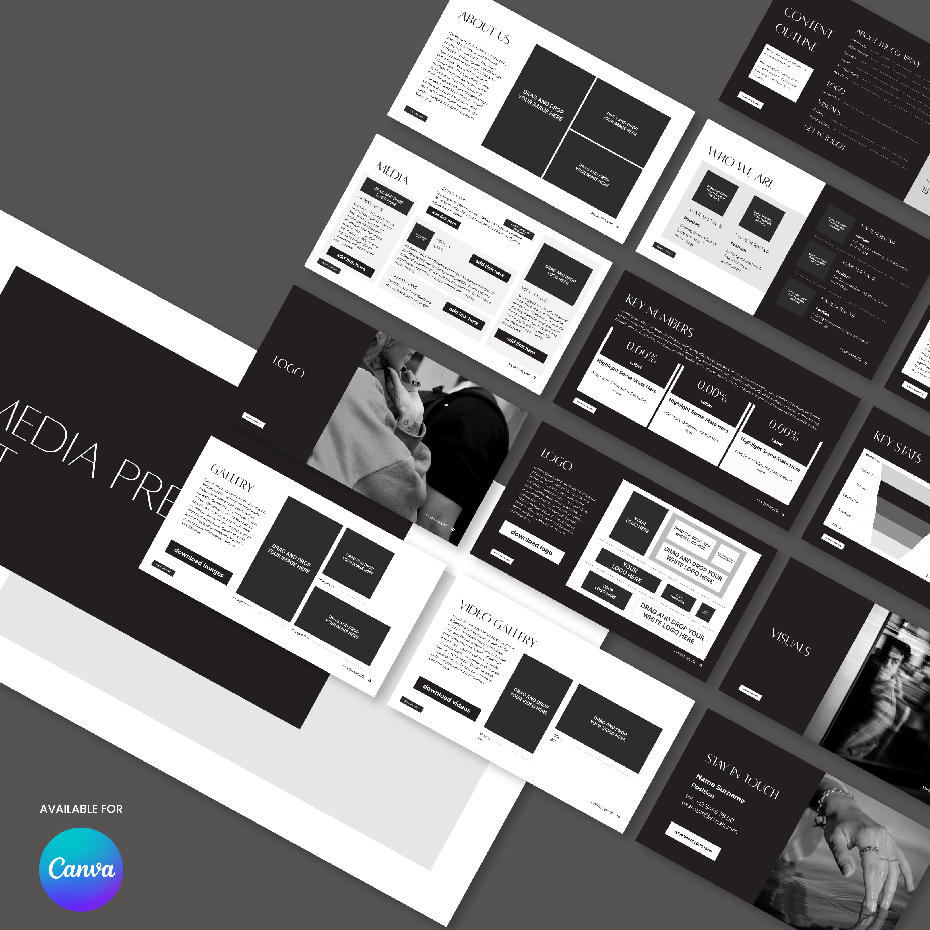 The Media Press Kit Template for Canva – Forma 60 Collection is a grayscale template with editable slides for about, contact, team, logo, video gallery, and stats. Features a modern design and the Canva logo in the lower left corner.