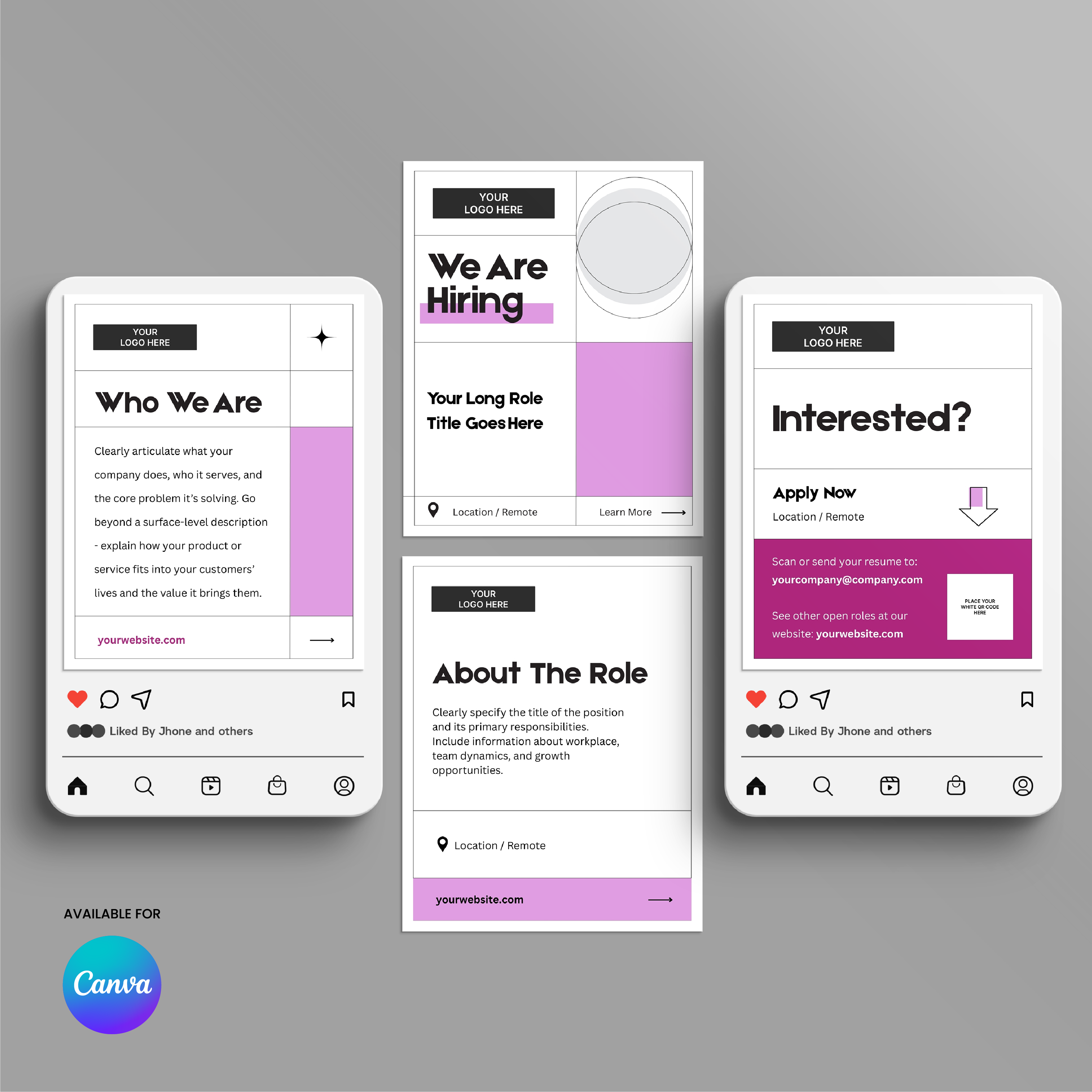 Three smartphone screens display the Social Media Hiring Carousel Templates for Canva - Forma 20 Collection Pink Edition with pink accents highlighting company info, roles, and application steps. Canva logo shown. Ideal for streamlining recruitment posts.